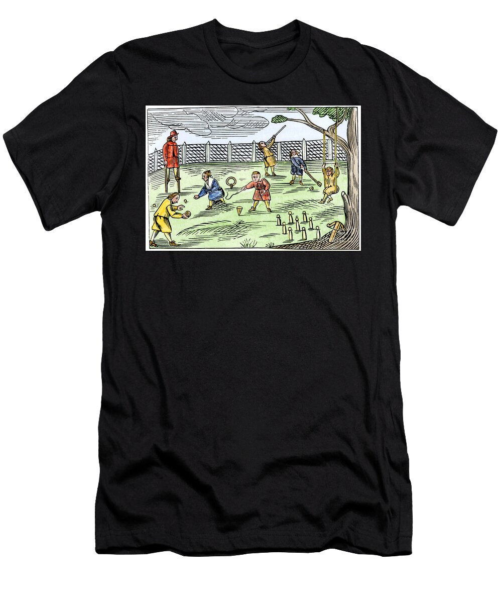 Childrens Games Boys Playing Bowling Swinging Spinning Shackles Sarbacan Cricket and Marbles in England 17th Century Colourful Engraving From a 17th Century Illustration American School T-Shirt