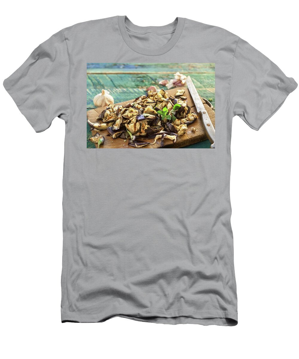 Chopped Grilled Aubergine and Peppermint on a Rustic Wooden Board Piga Catalano Snc T-Shirt