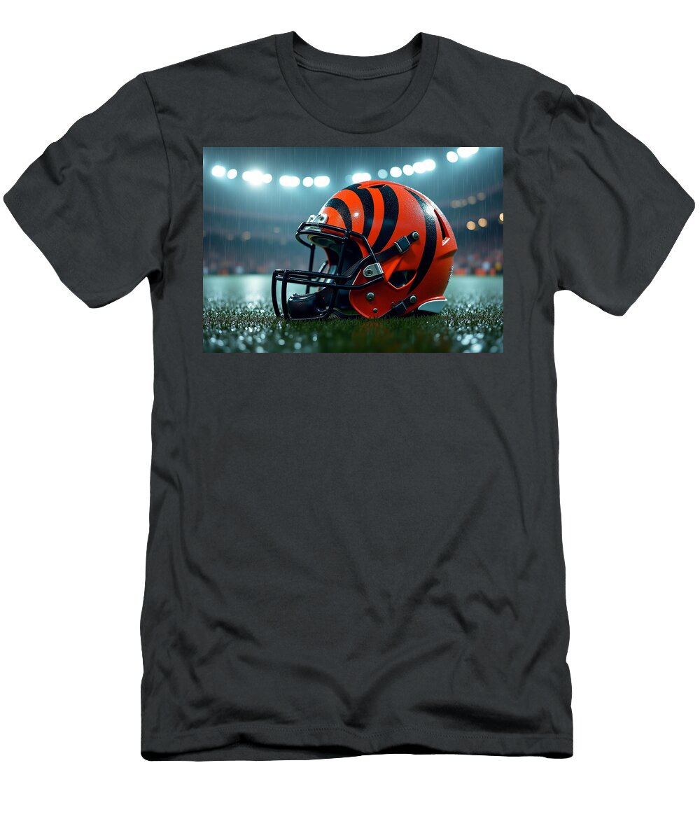 Cincinnati Bengals Helmet on Rainy Field Kevin Walker and Pixel Reverie T-Shirt