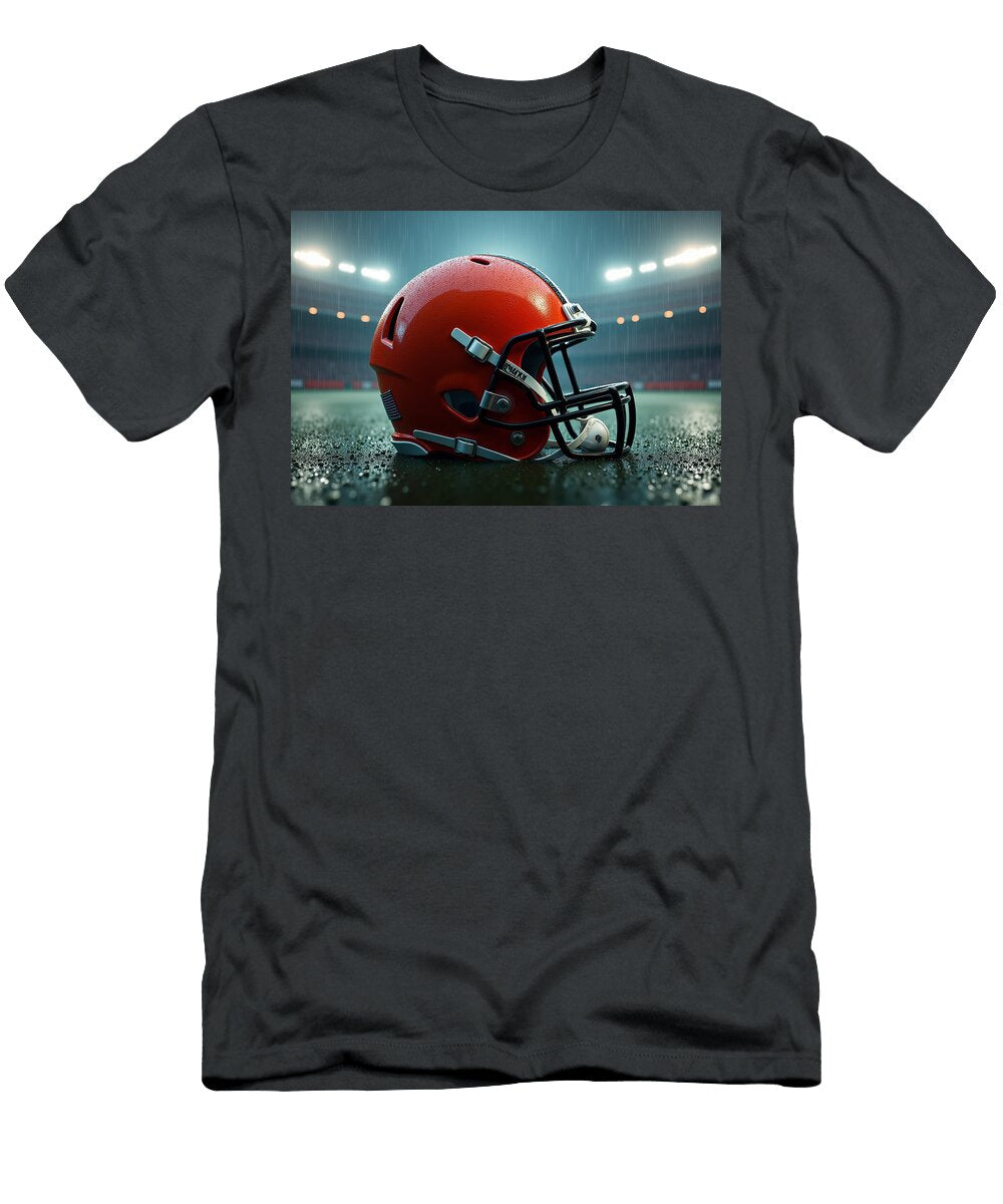 Cleveland Browns Football Helmet in Rainy Stadium Kevin Walker and Pixel Reverie T-Shirt