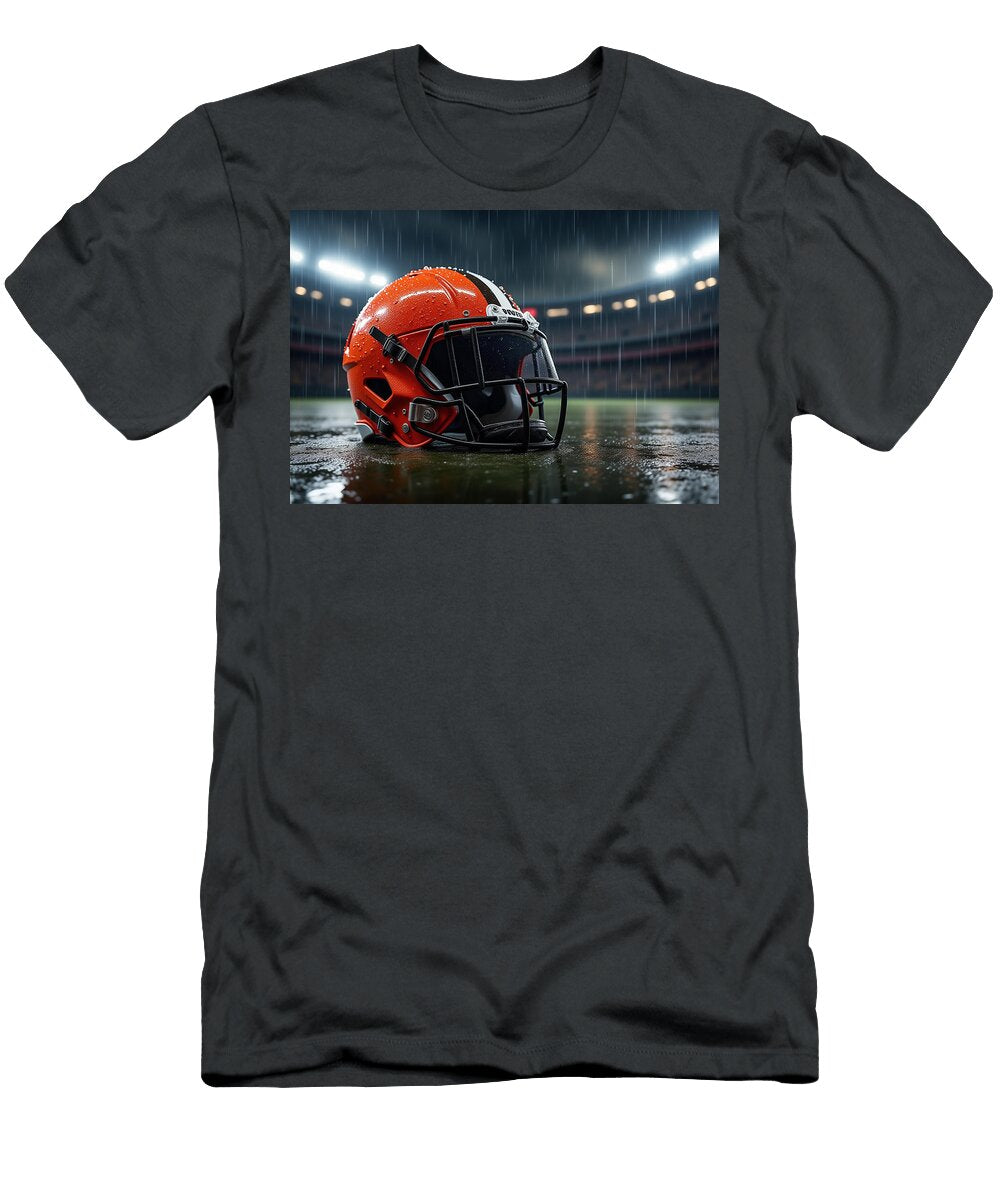Cleveland Browns Helmet in Rainy Stadium Kevin Walker and Pixel Reverie T-Shirt