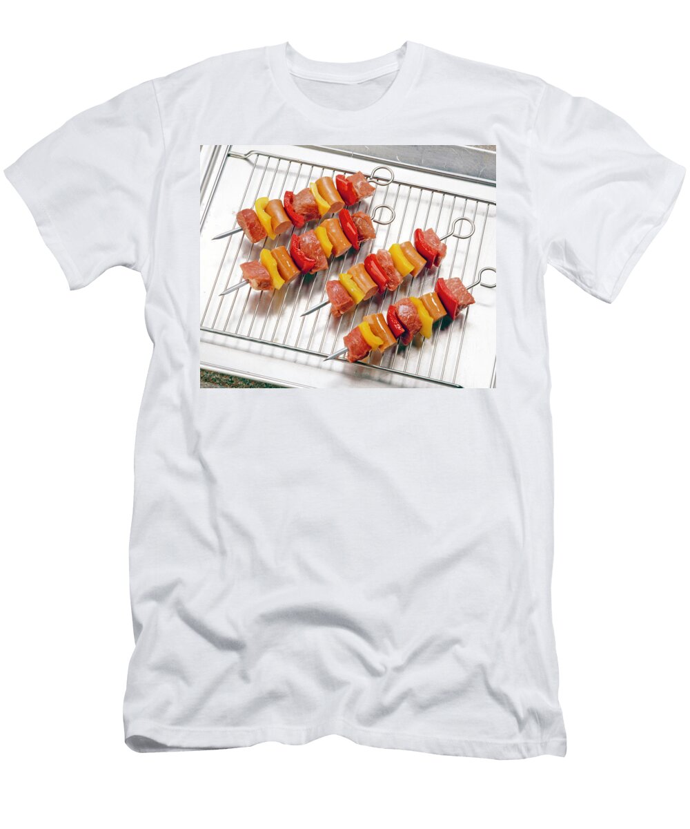 Close Up of Four Barbecue Skewers on Wire Rack Jalag Uwe Bender T-Shirt