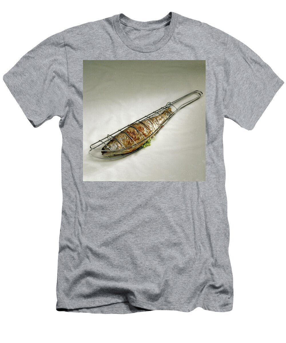 Close Up of Grilled Trout Stuffed with Leeks and Herbs in Metal Fish Roaster Jalag Syndication T-Shirt