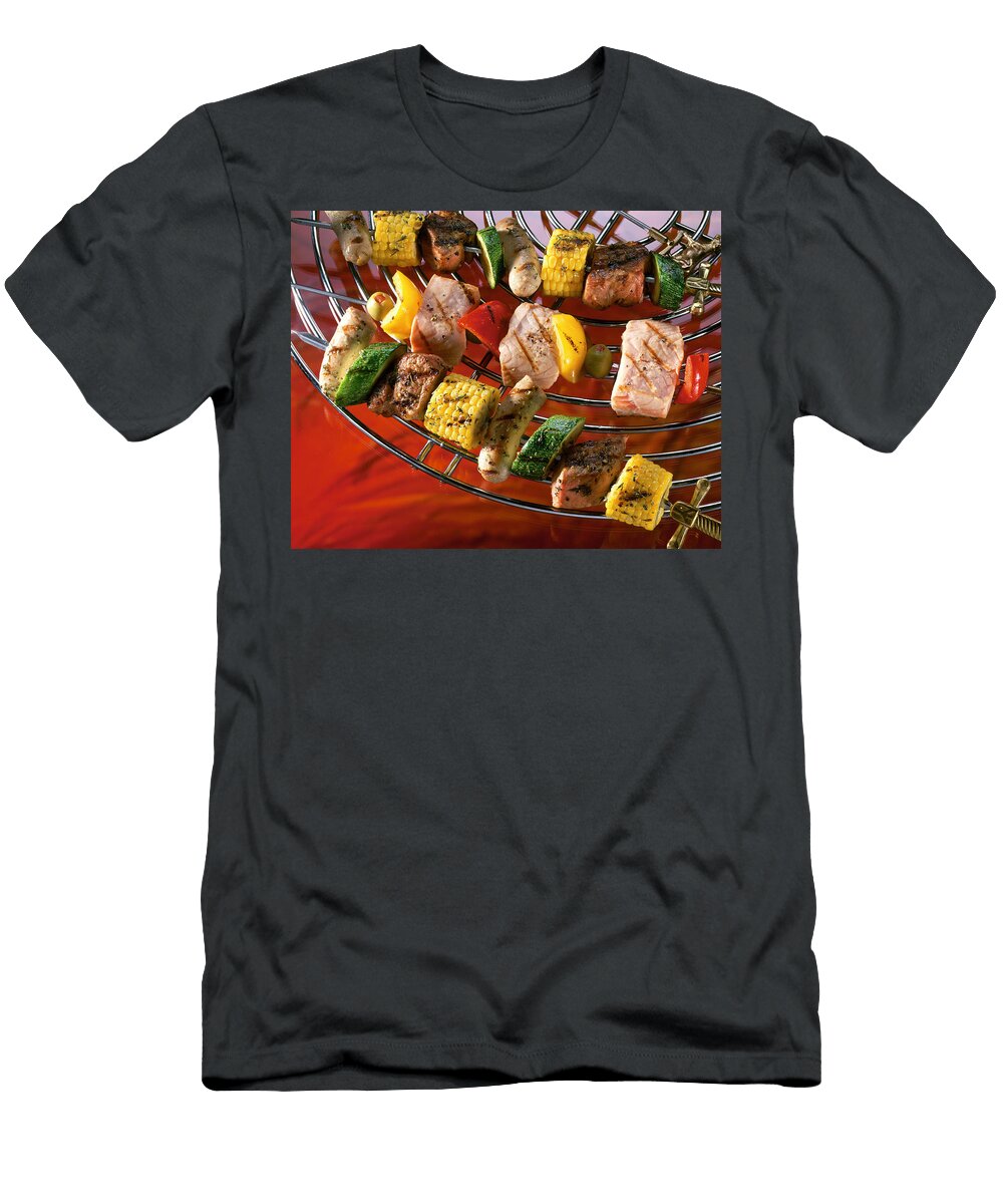 Close Up of Spicy Meat and Fish Skewers with Vegetables on Grill Jalag Uwe Bender T-Shirt