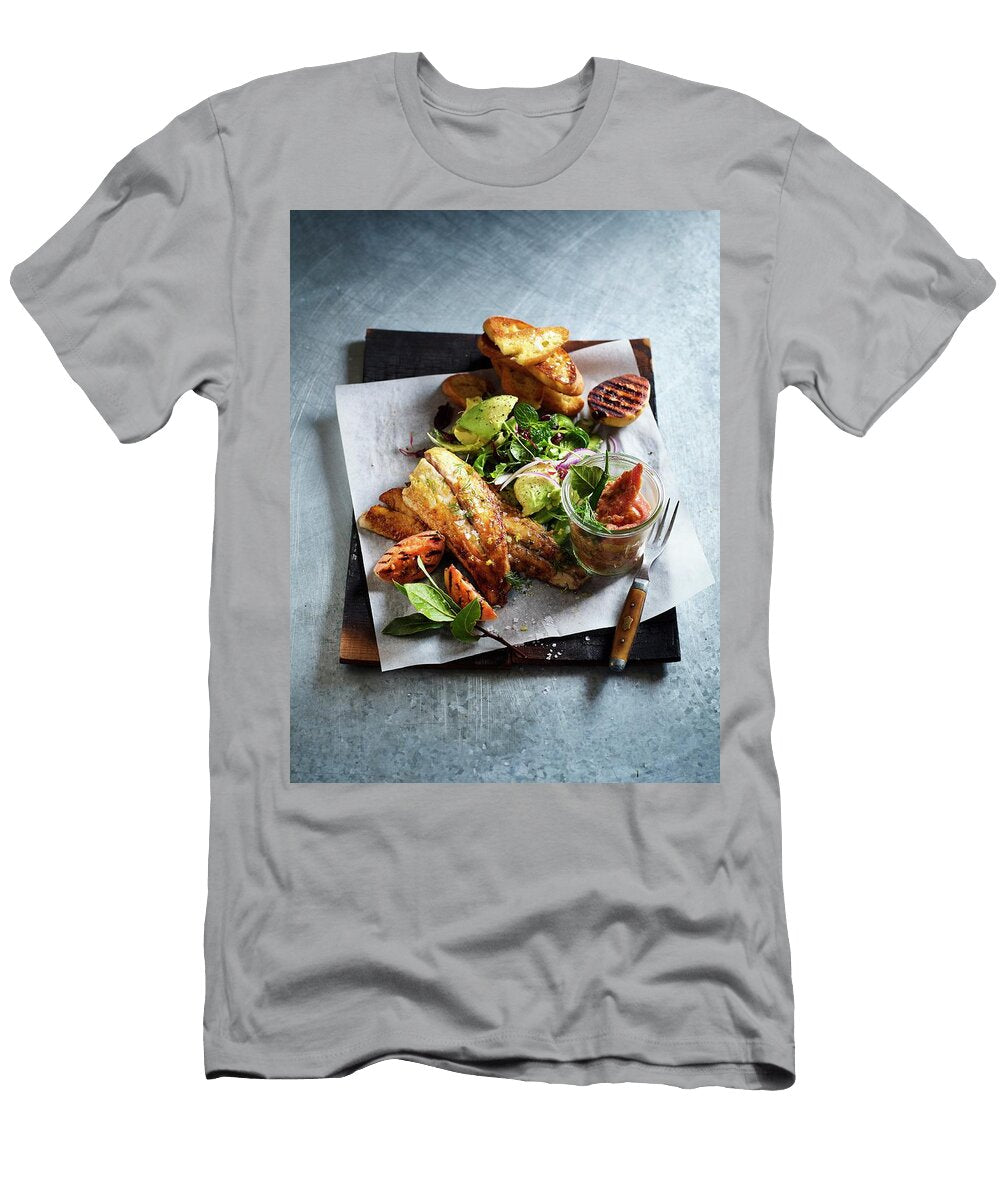 Cod with Salad Grilled Fruit Grilled Bread and Guava Achaar Great Stock T-Shirt