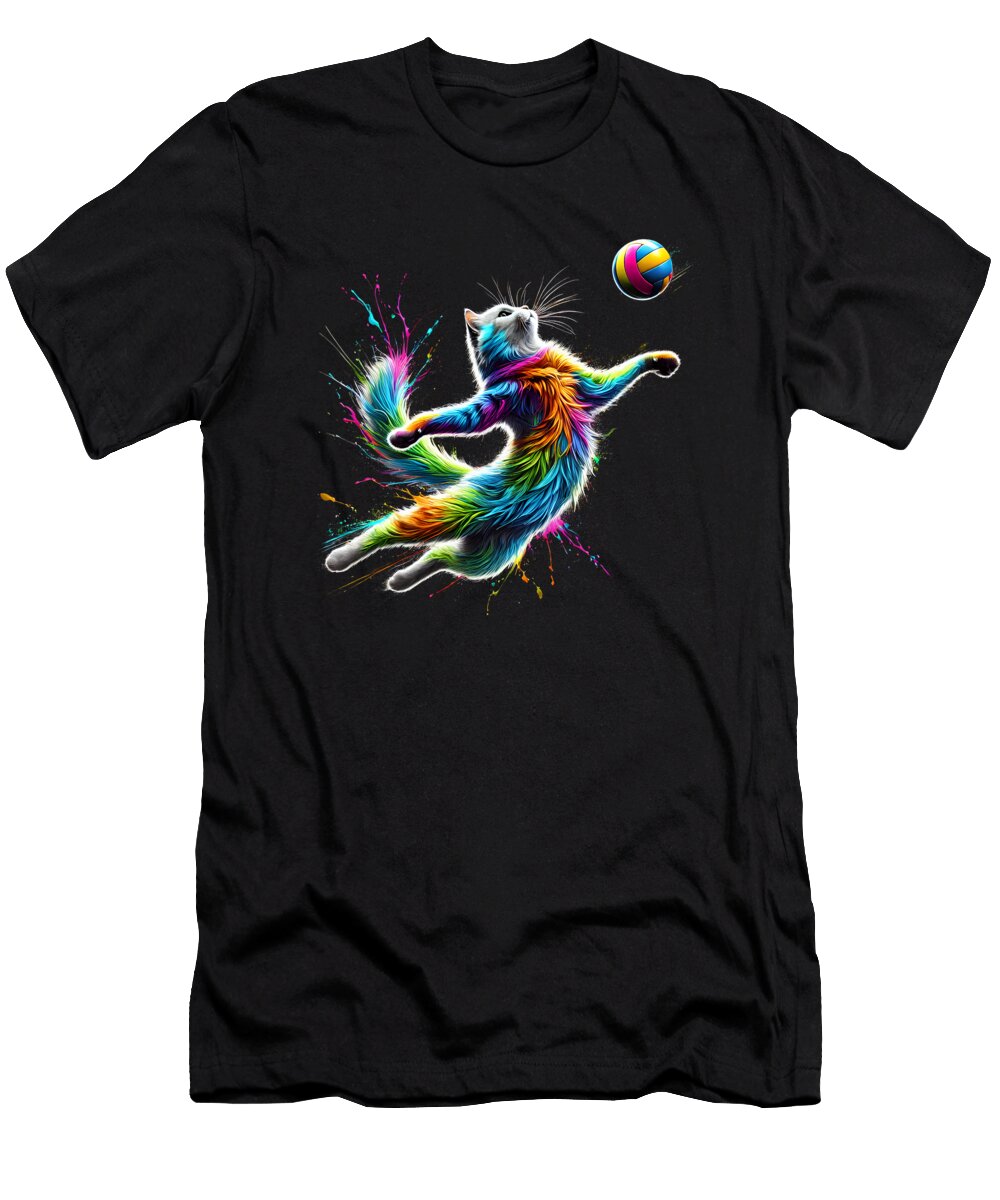 Colorful Cat Playing Volleyball Player Kitten Lover Job T-Shirt