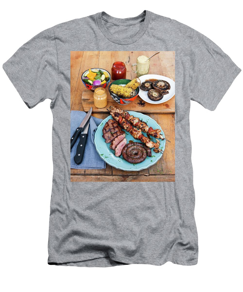 Corn Cobs and Meat Chicken Tikka Skewers and Barbecued Steaks At the Backyard Grill Lounge Sea Point South Africa Jalag Bruce Tuck T-Shirt