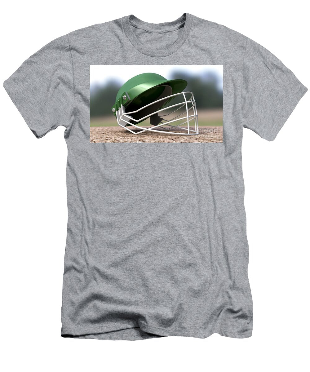 Cricket Helmet on Cracket Pitch Front Allan Swart T-Shirt