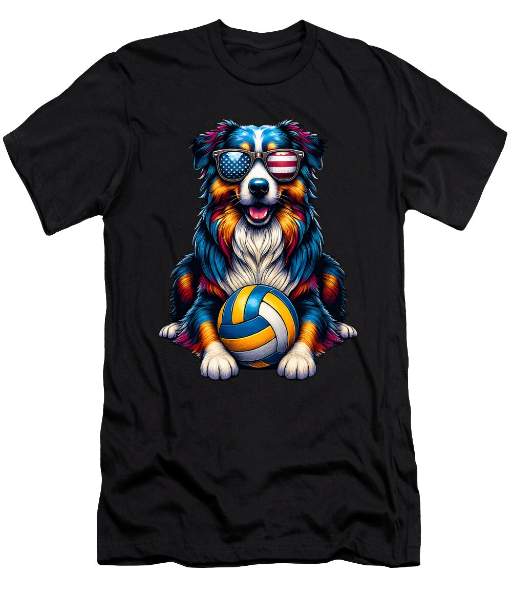 Cute Australian Shepherd Dog Volleyball USA Flag Sophie Eleanor T-Shirt