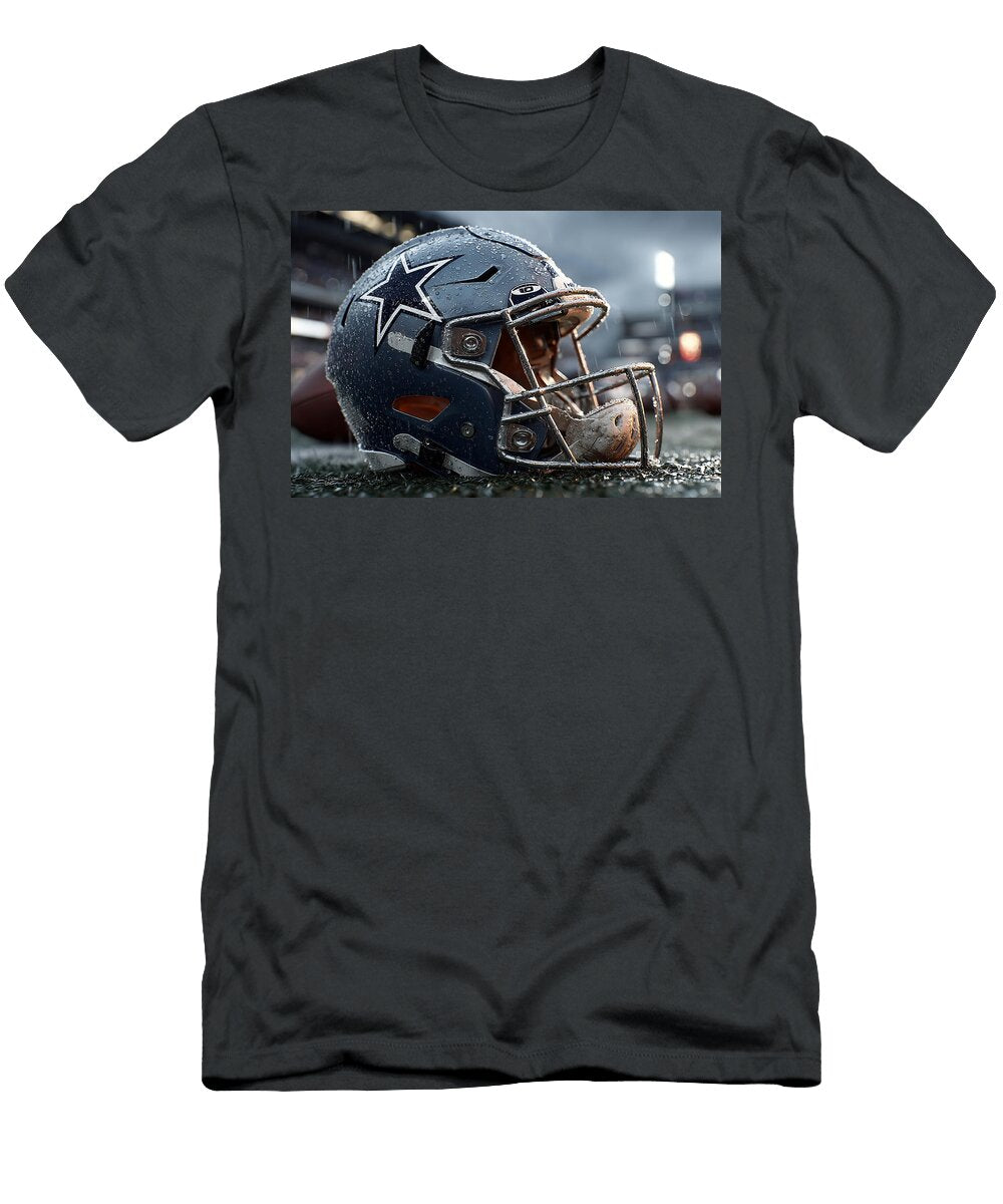 Dallas Cowboys Helmet on Rainy Field Kevin Walker and Pixel Reverie T-Shirt