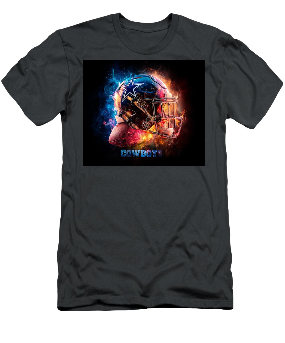 Dallas Cowboys Helmet with Flames Kevin Walker and Pixel Reverie T-Shirt