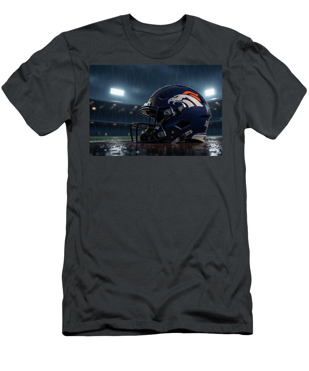 Denver Broncos Helmet in Rainy Stadium Kevin Walker and Pixel Reverie T-Shirt