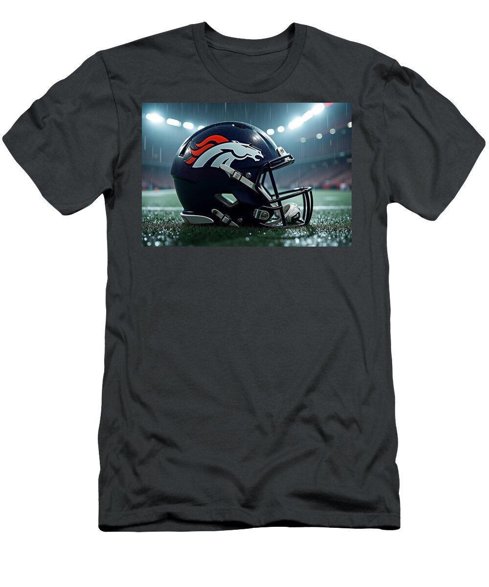 Denver Broncos Helmet in Stadium Rain Kevin Walker and Pixel Reverie T-Shirt
