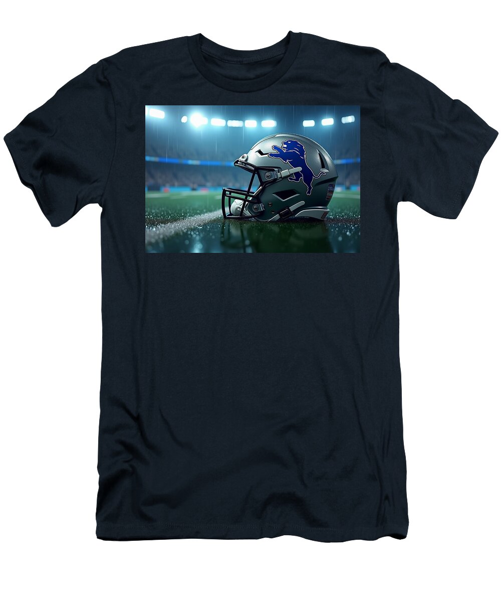 Detroit Lions Football Helmet on Rainy Field Kevin Walker and Pixel Reverie T-Shirt