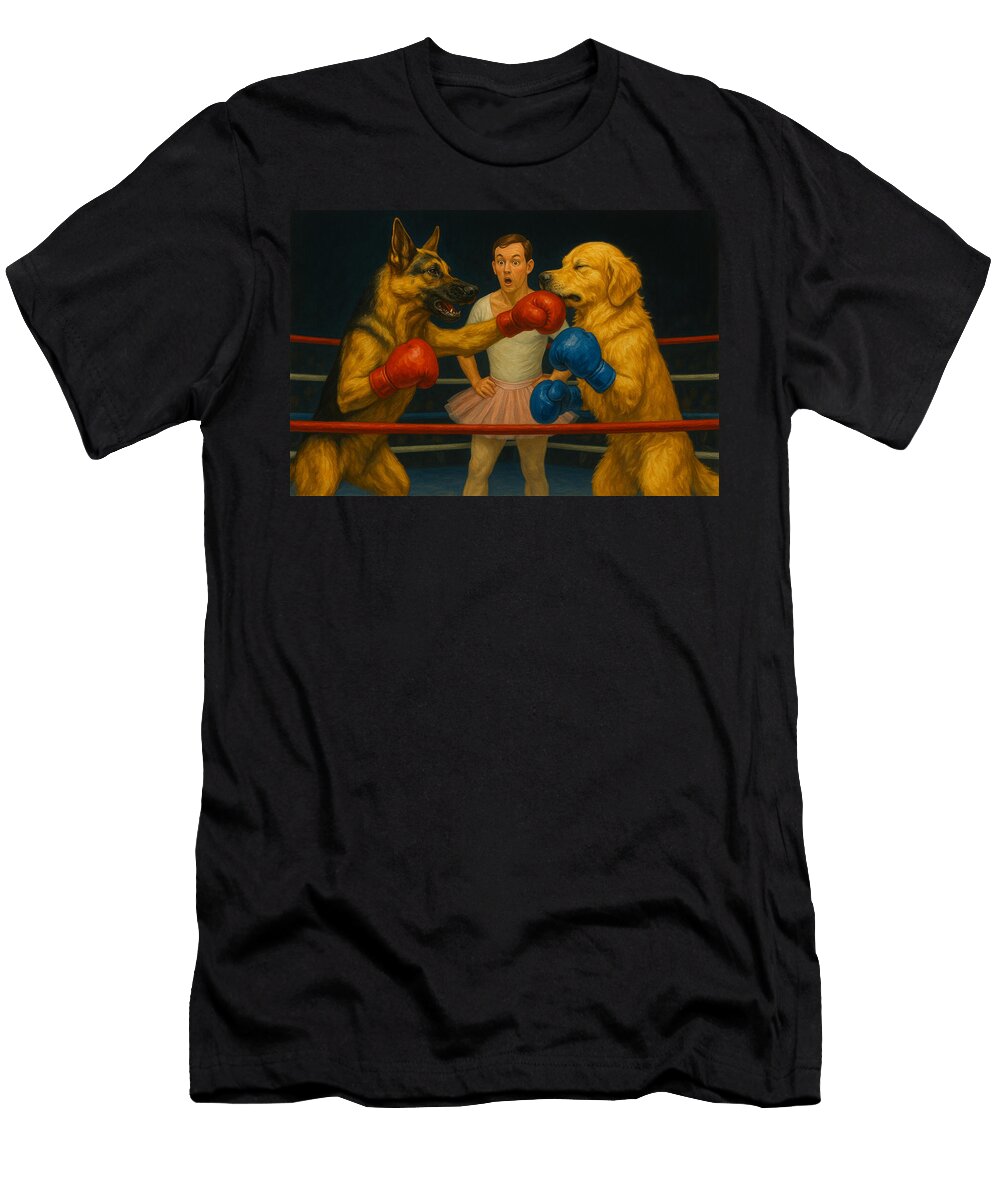 Dogs Boxing Match with Referee Scrawlin Design T-Shirt