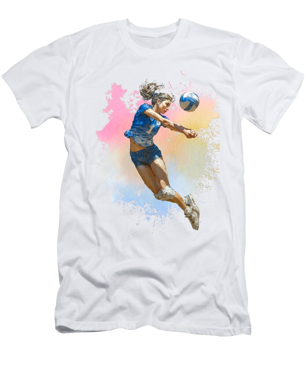 Dynamic Volleyball Athlete in Action with Colorful Energy Dream Stuff T-Shirt