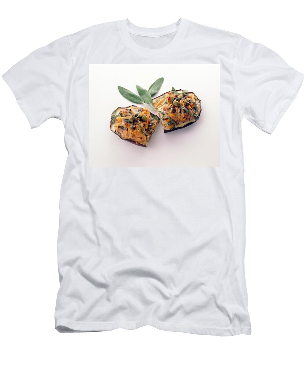 Eggplant Slices with Meat Filling Garnished with Vegetables and Olives on White Background Kramp Glling Jalag T-Shirt
