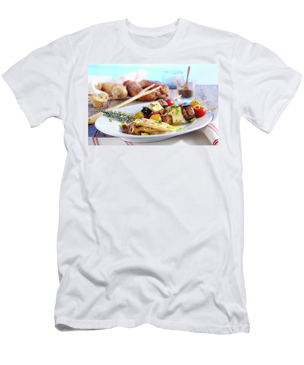 Feta Cheese and Vegetables Skewers with Mushroom Antipasti and Bread Teubner Foodfoto T-Shirt
