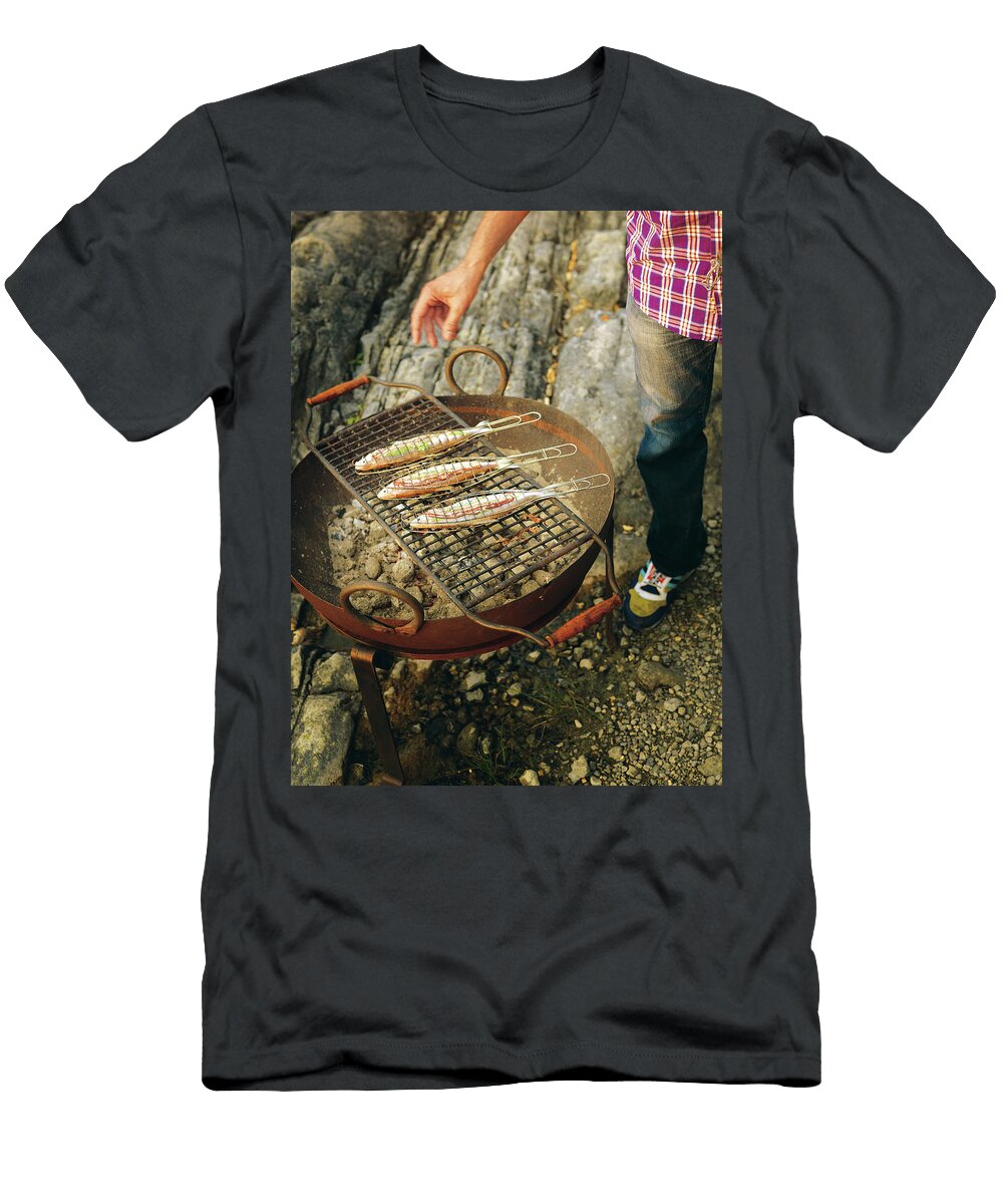 Fish Being Grilled Outdoors Jalag David Maupli T-Shirt