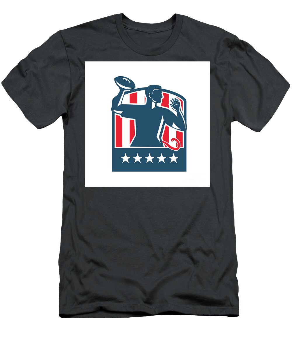 Flag Football Qb Player Passing Ball USA Flag Crest Retro Aloysius Patrimonio T-Shirt