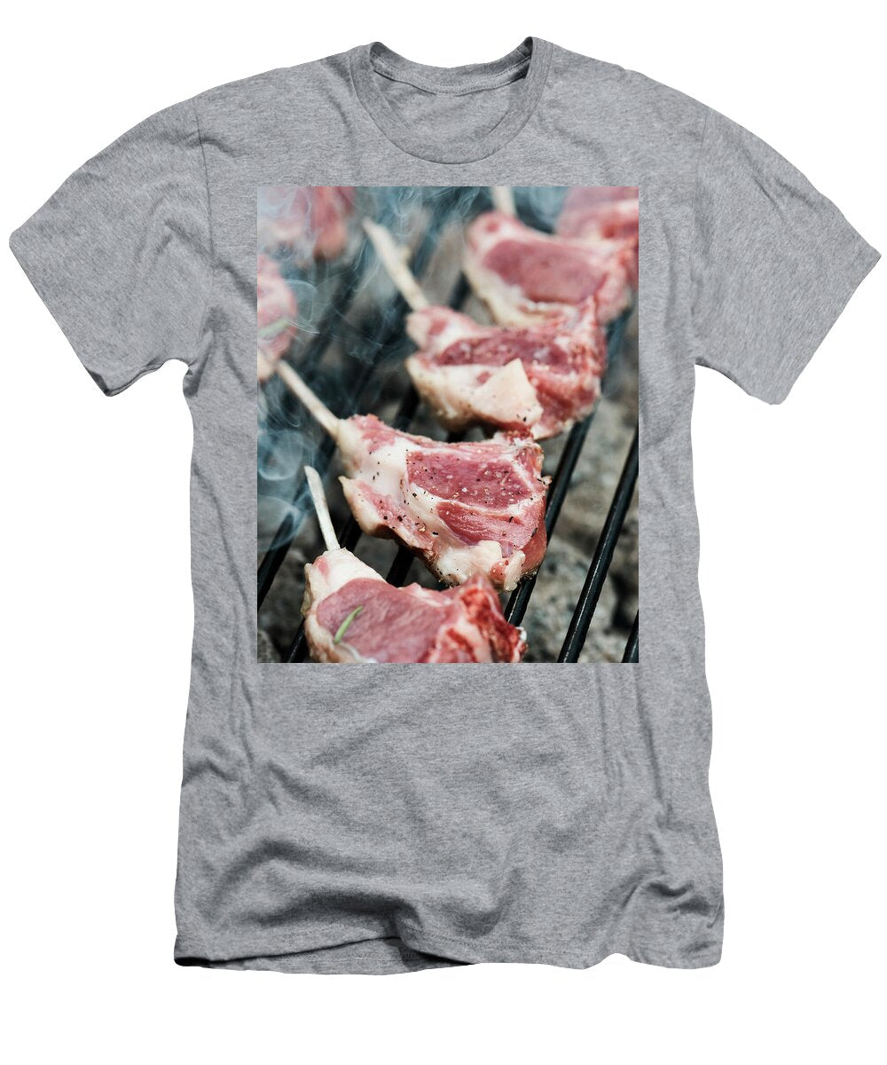 Fresh Lamb Racks Layed on a Barbecue to Cook Miha Lorencak T-Shirt