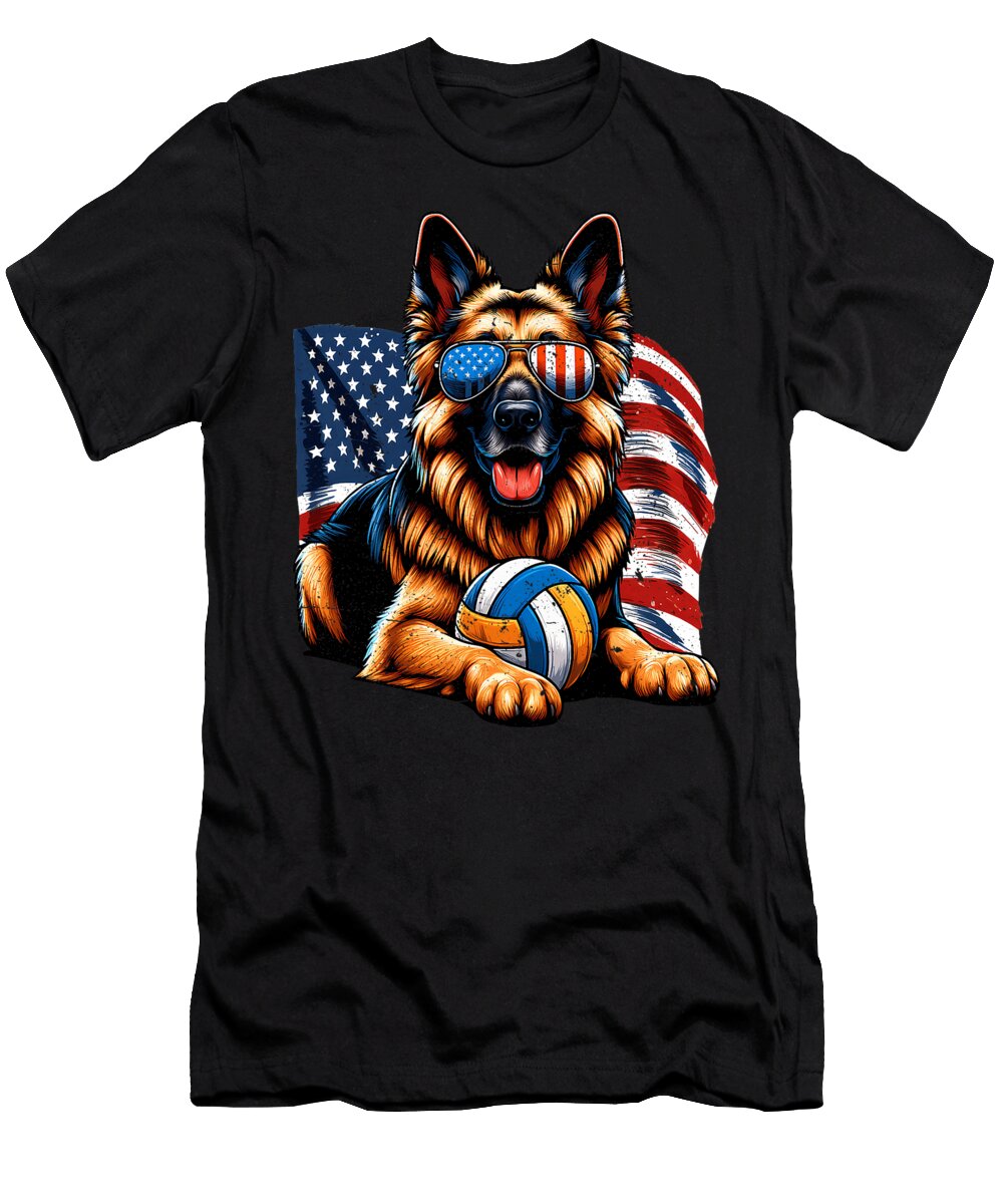 German Shepherd Dog Volleyball Lover US Flag Studi Alex T-Shirt