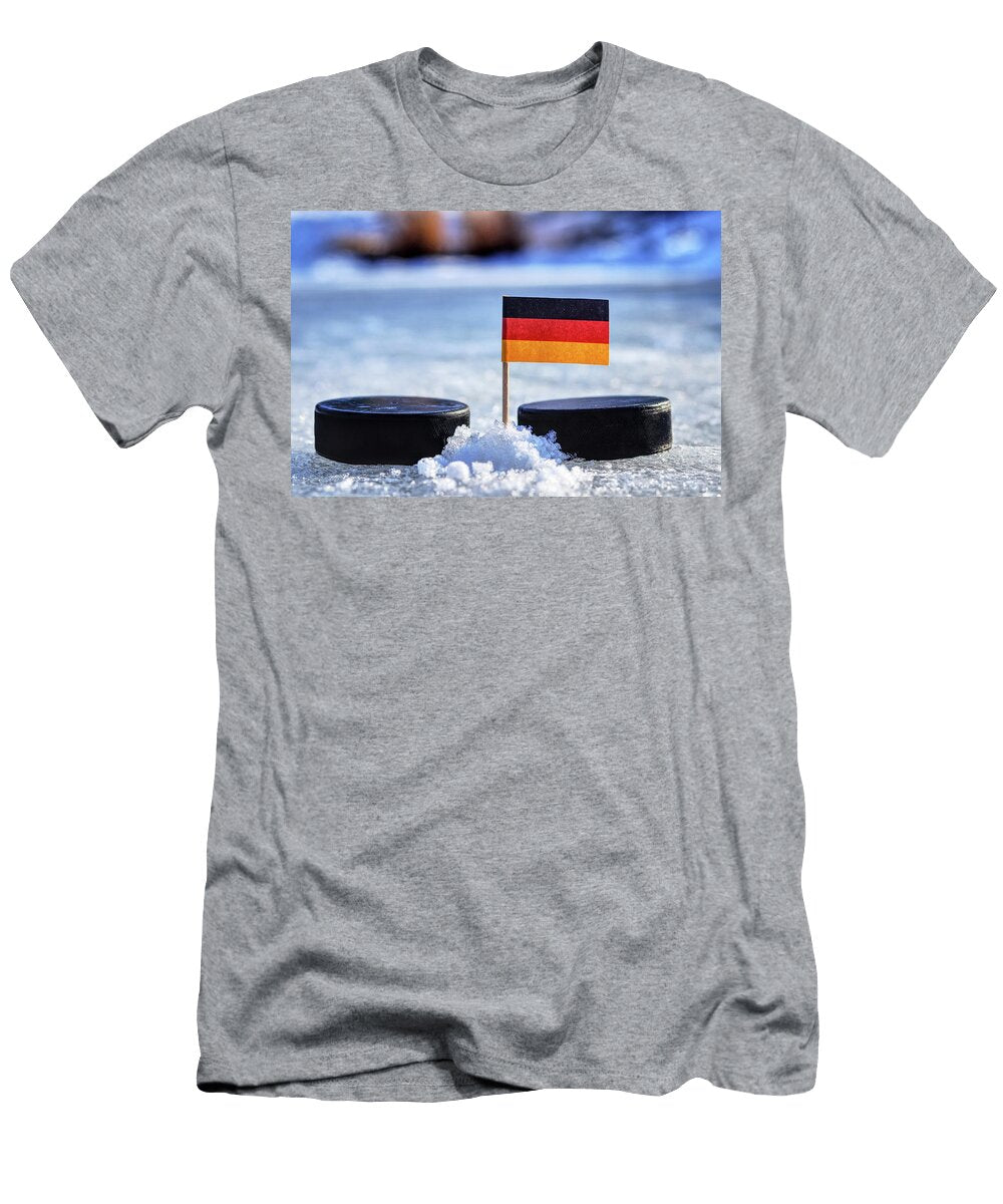Germany Flag on Toothpick Between Two Hockey Pucks Winter Classic Flag on Frozen Pond on Unkempt Ice Traditional Pucks for International Matches Vaclav Sonnek T-Shirt