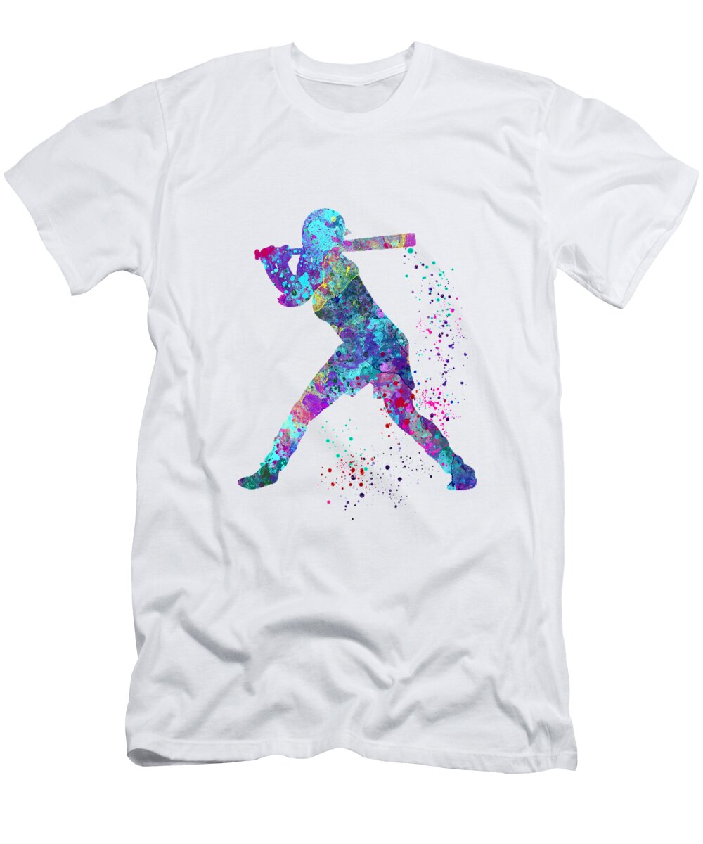 Girl Baseball Pitcher Art Softball Player Gift Colorful Blue Purple Watercolor Art Baseball Player White Lotus T-Shirt