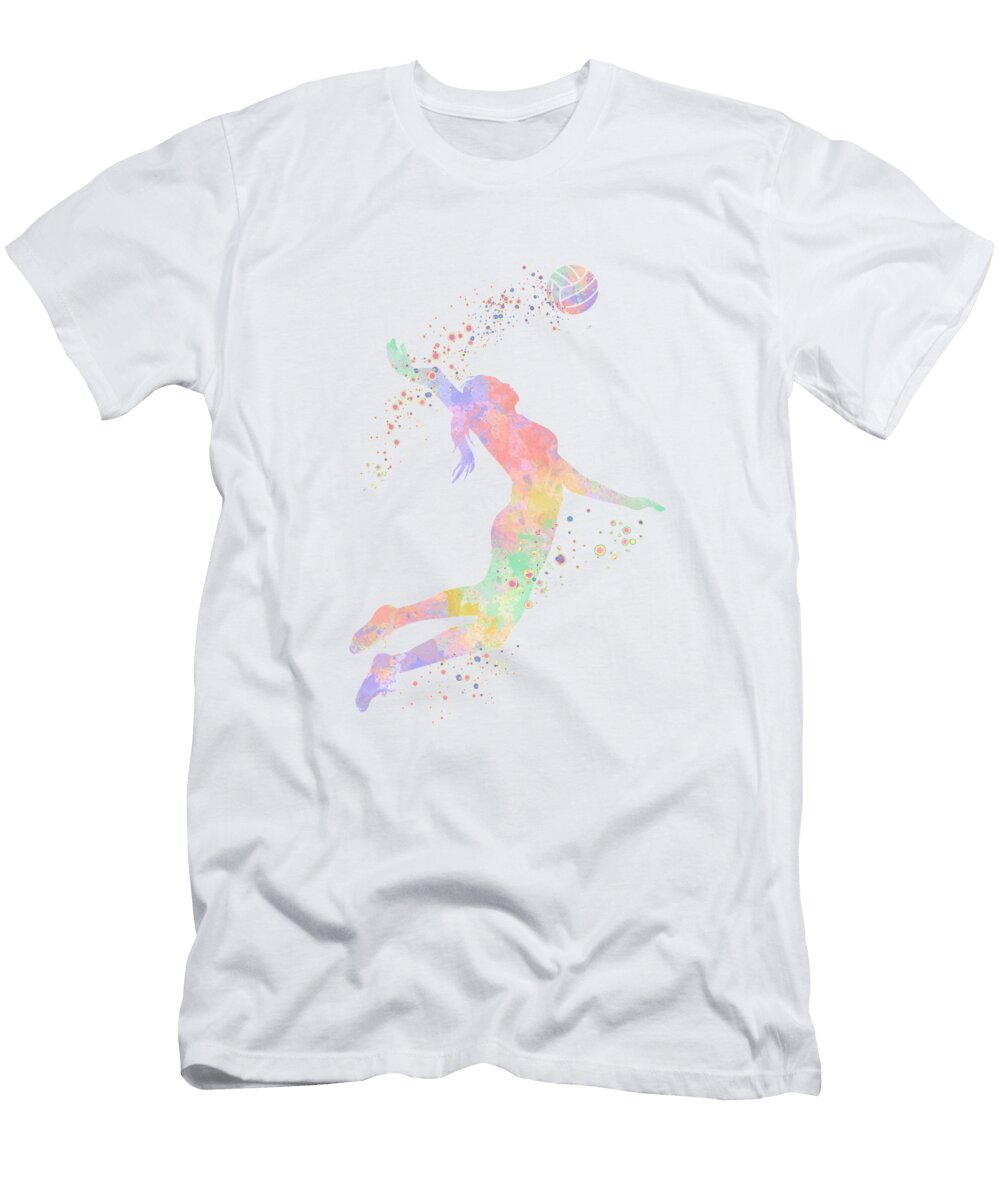 Girl Volleyball Player Colorful Pastel Watercolor Silhouette White Lotus T-Shirt