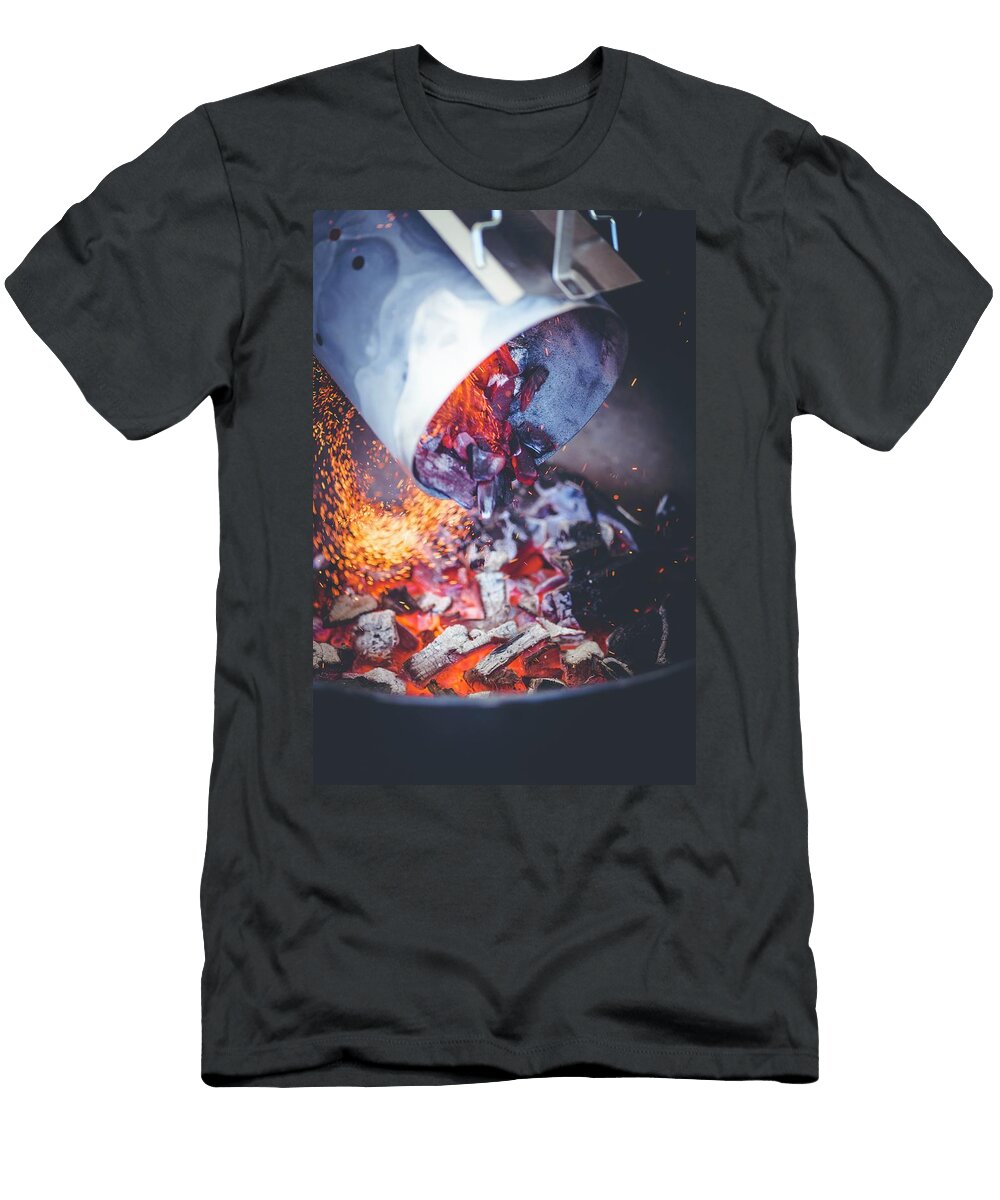 Glowing Charcoal From a Chimney Starter Being Poured Into a Barbecue Eising Studio T-Shirt