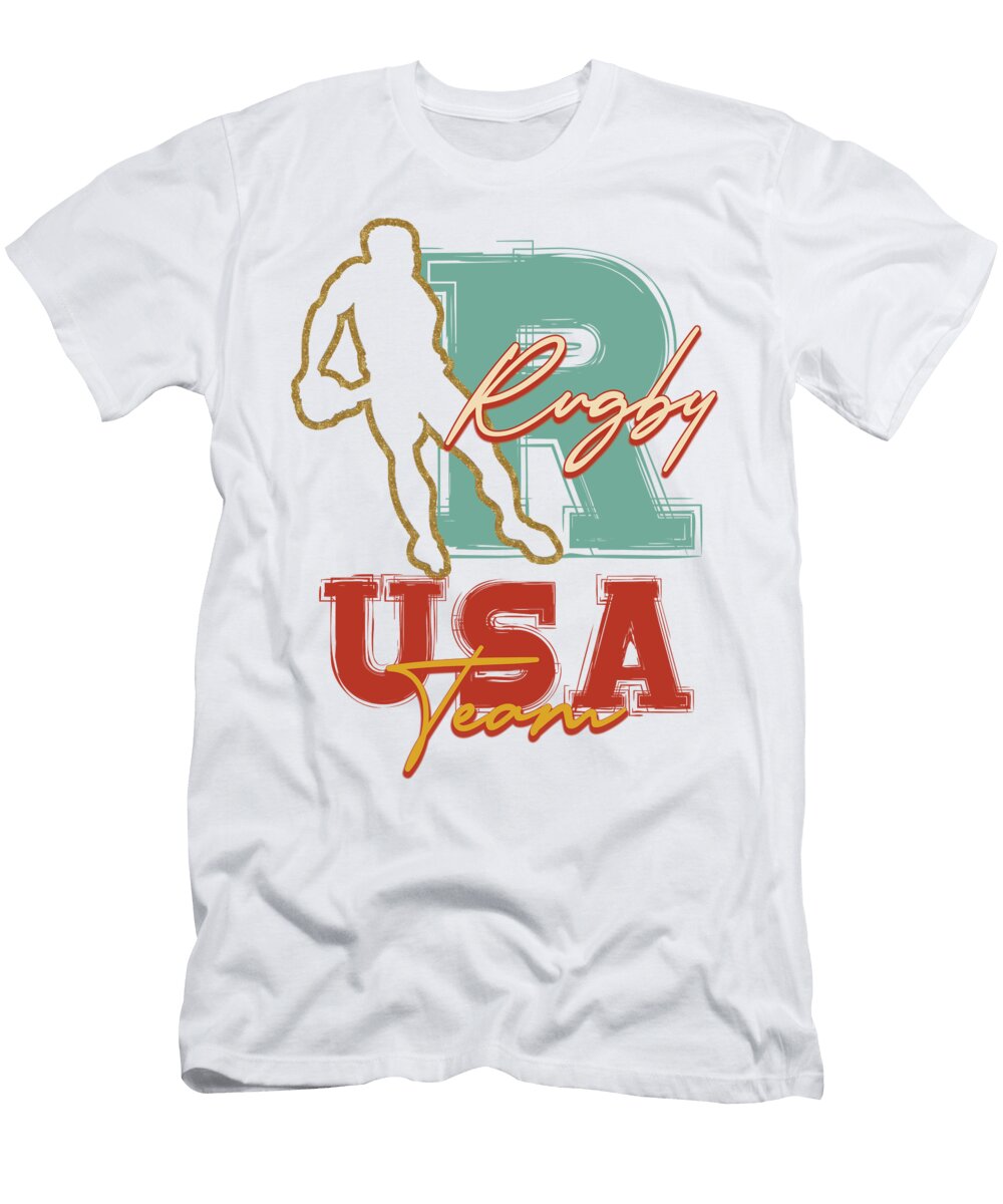 Gold Outlined Rugby Player with Vintage USA Team Logo and Distressed Teal R Background Lahrech Soumia T-Shirt