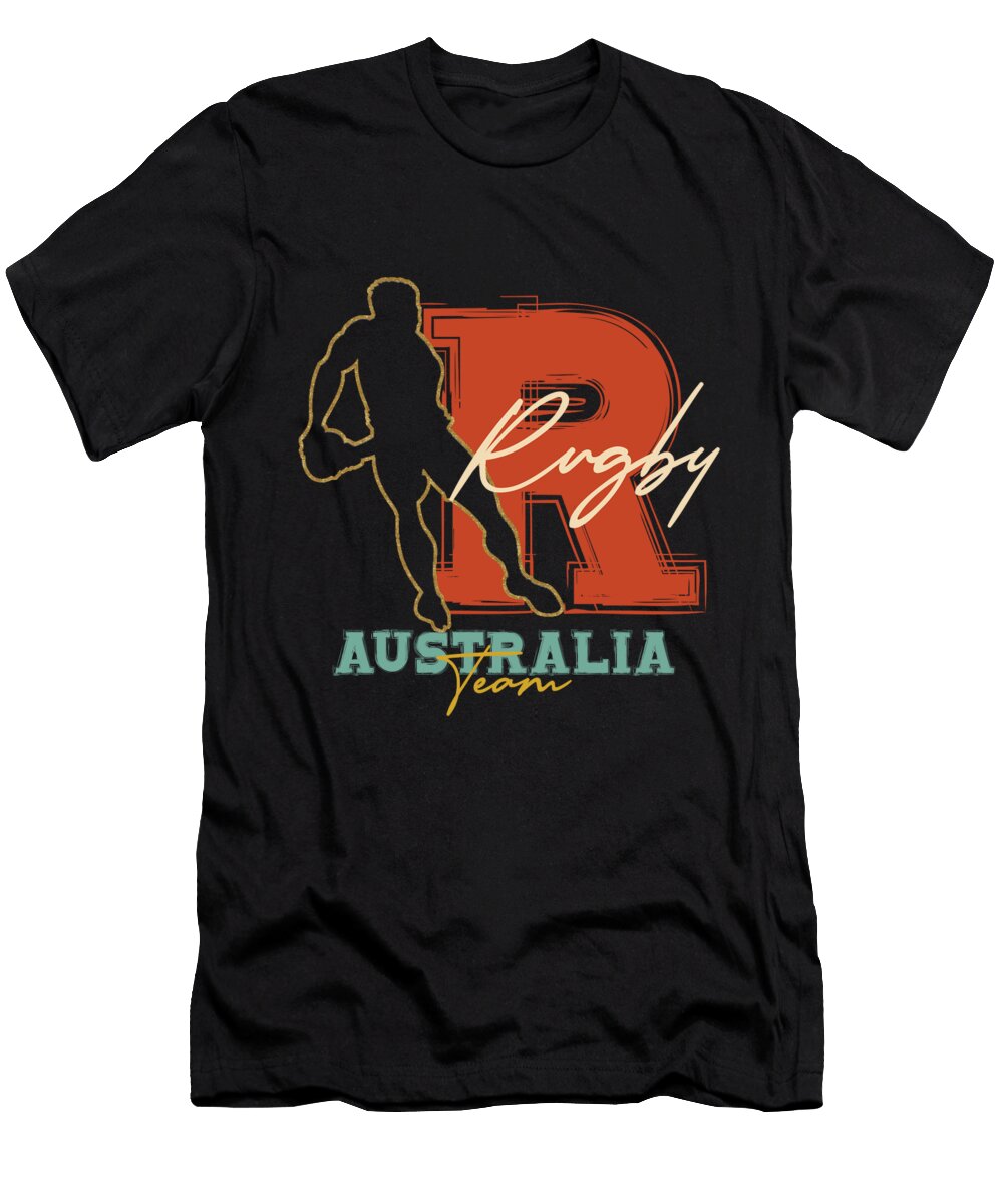 Gold Silhouette of Australian Rugby Player Typography of Rugby Australia Team Lahrech Soumia T-Shirt