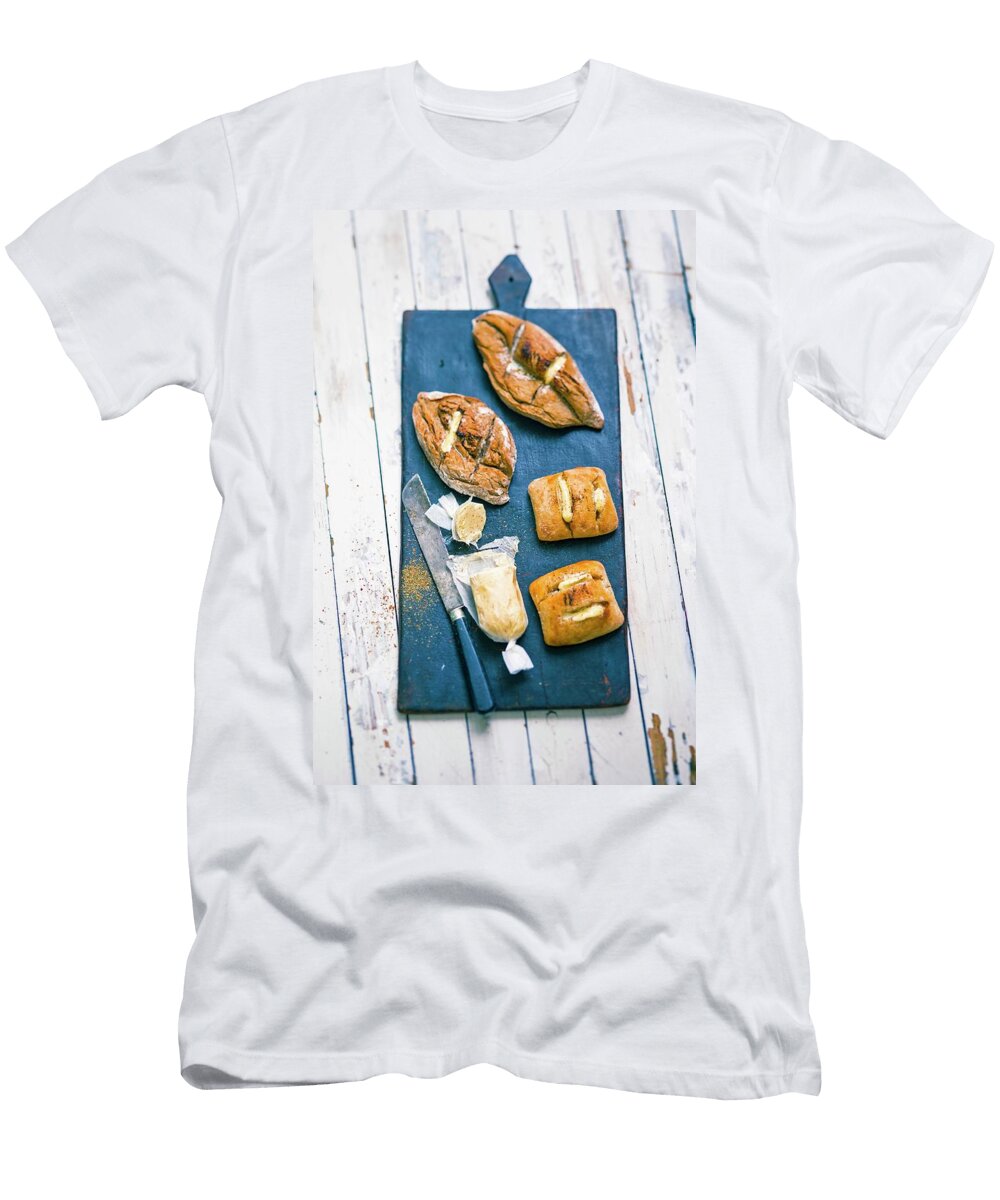 Grilled Bread with Spiced Butter on a Blue Wooden Board Jalag Wolfgang Schardt T-Shirt