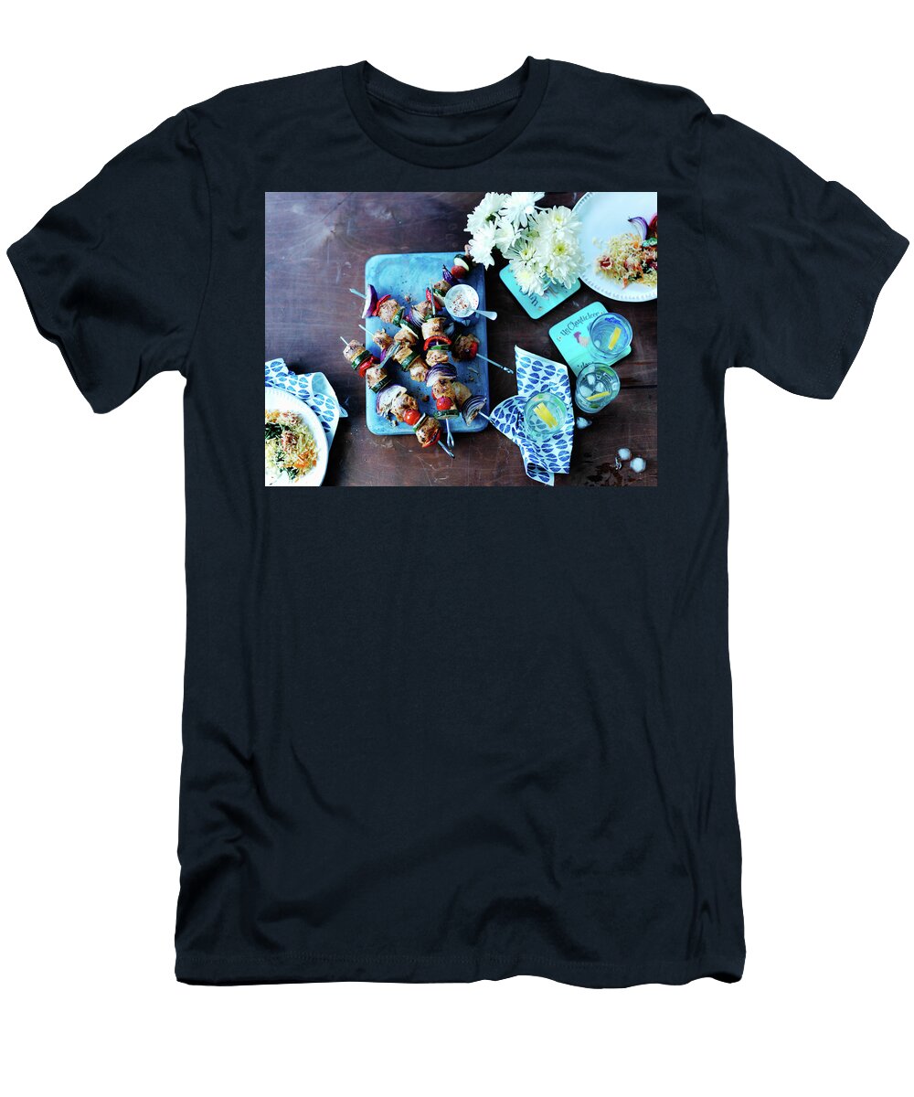 Grilled Chicken Kebabs with Zucchini Onions and Rice Karen Thomas T-Shirt