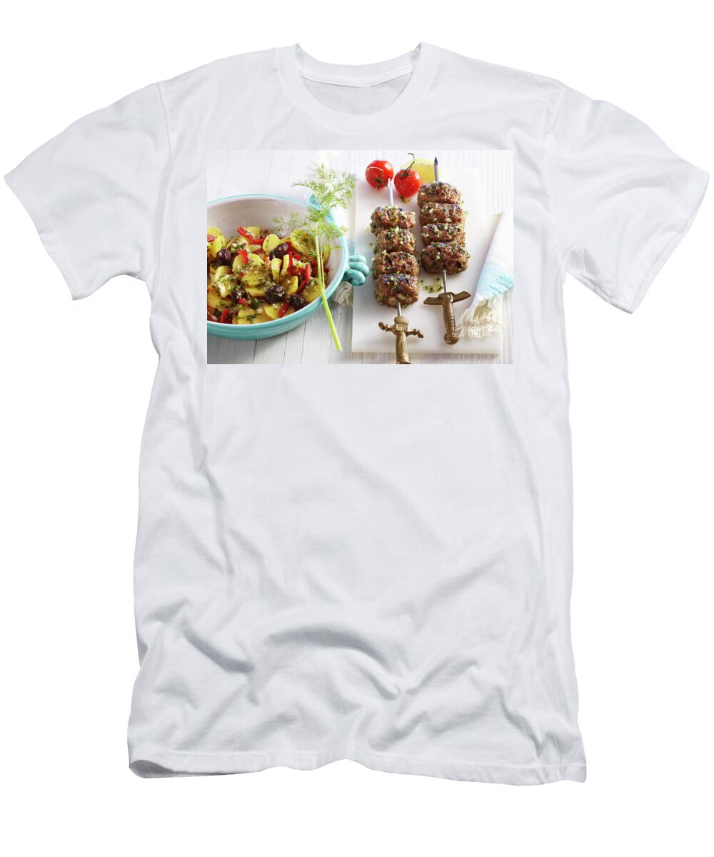 Grilled Gyros Kebabs with Greek Potato Salad with Olives Tomatoes and Lemon Teubner Foodfoto T-Shirt