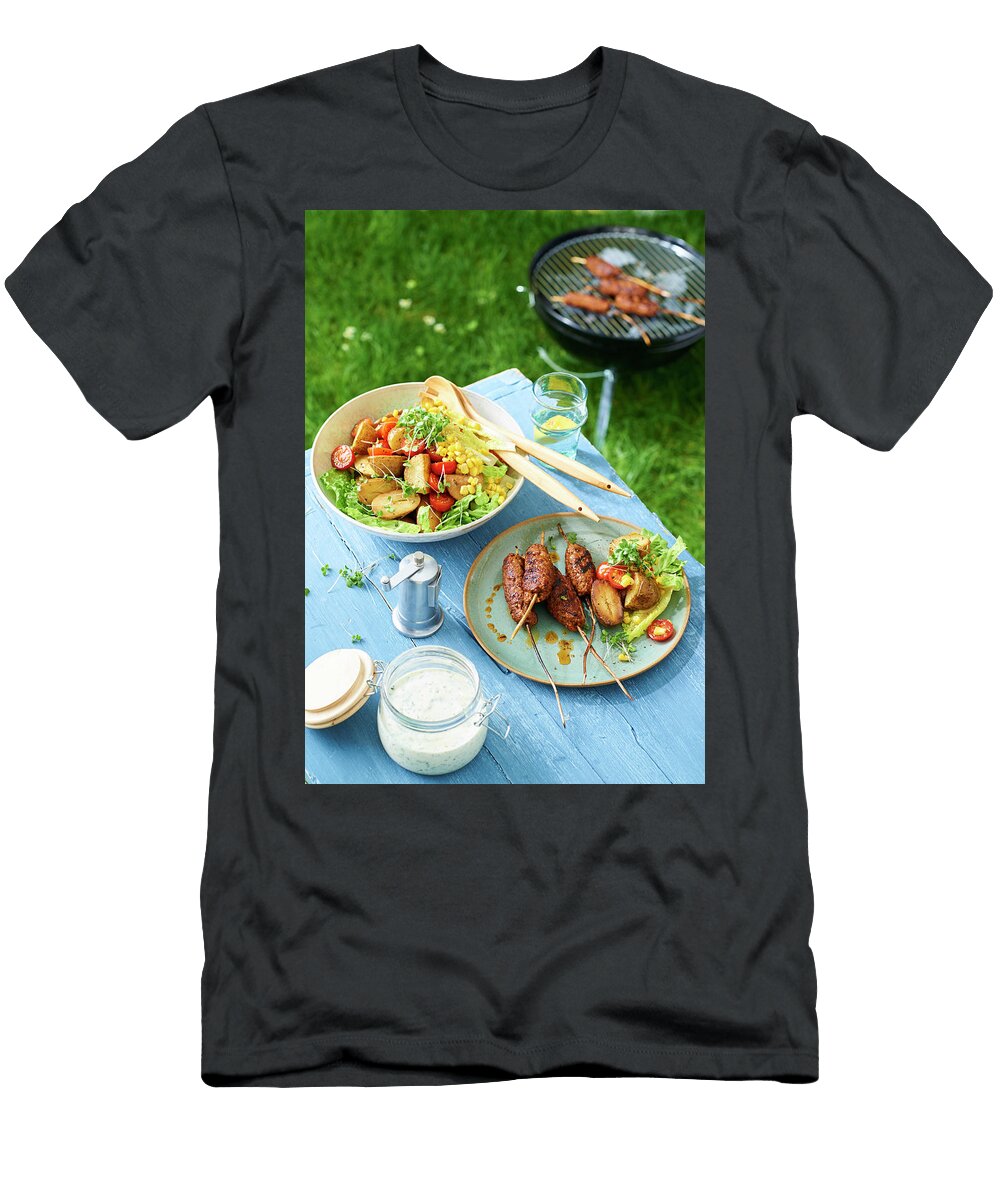 Grilled Kfte Skewers with Peppers and Potato Salad Served with Parsley Aioli Jan Peter Westermann T-Shirt