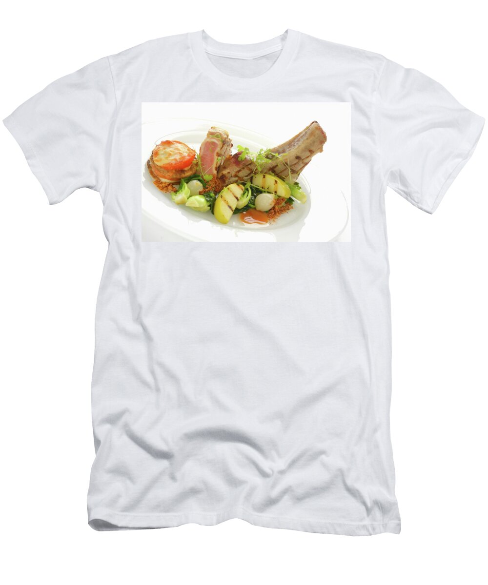 Grilled Kurobuta Pork Chop with a Tomato and Aubergine Gratin Garlic and Grilled Apple Kaktusfactory T-Shirt