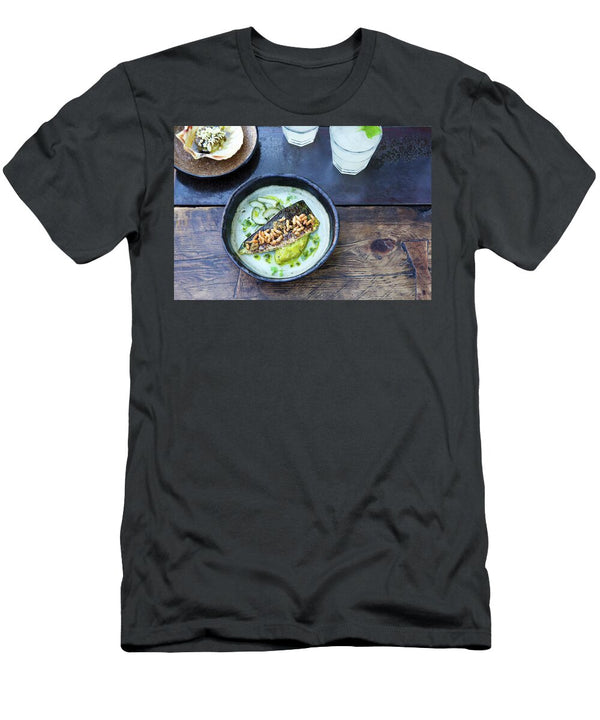 Grilled Mackerel with Yellow Vegetable Cream and Cucumber Salad Hugh Johnson T-Shirt