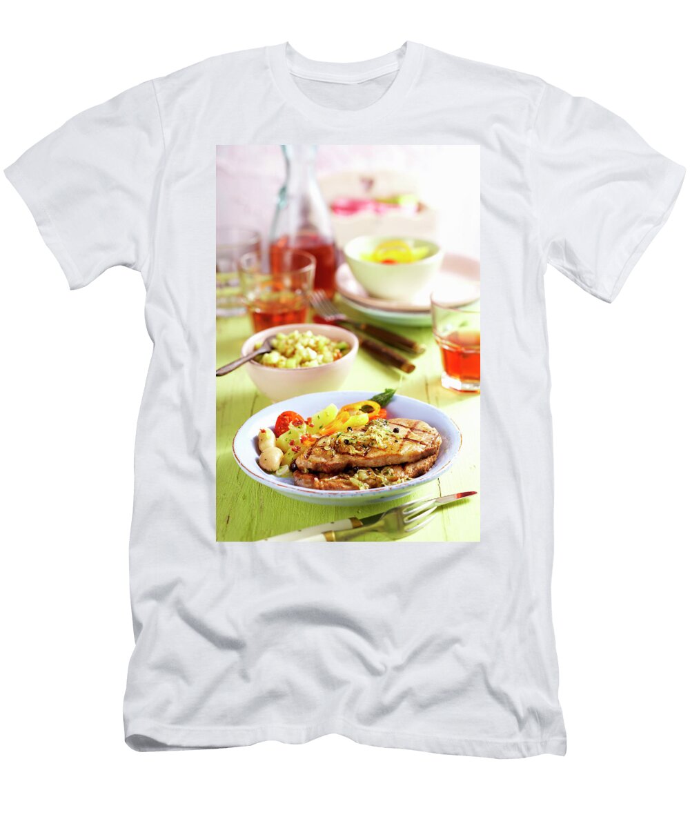 Grilled Marinated Pork Collar Steaks with Cucumber Salsa Potato Salad and White Beans Teubner Foodfoto T-Shirt