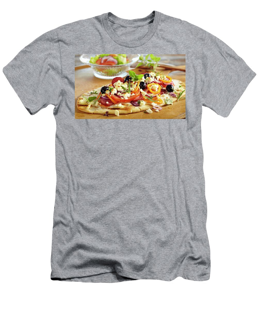 Grilled Pizza Topped with Sausage Feta Cheese Olives Peppers and Fresh Herbs Teubner Foodfoto T-Shirt