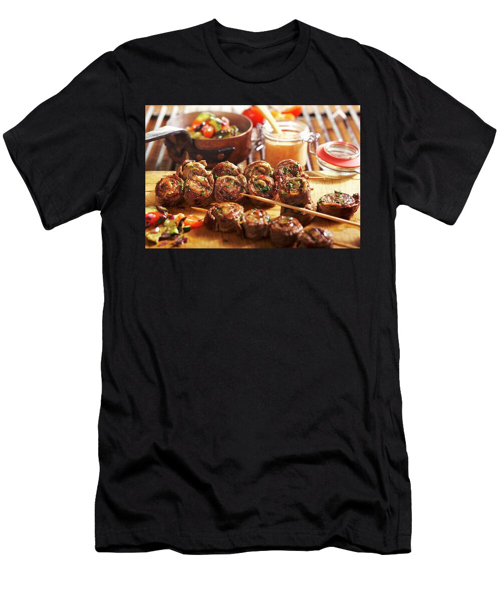 Grilled Roulade Skewers with Mediterranean Vegetables and Spicy Bbq Sauce Teubner Foodfoto T-Shirt