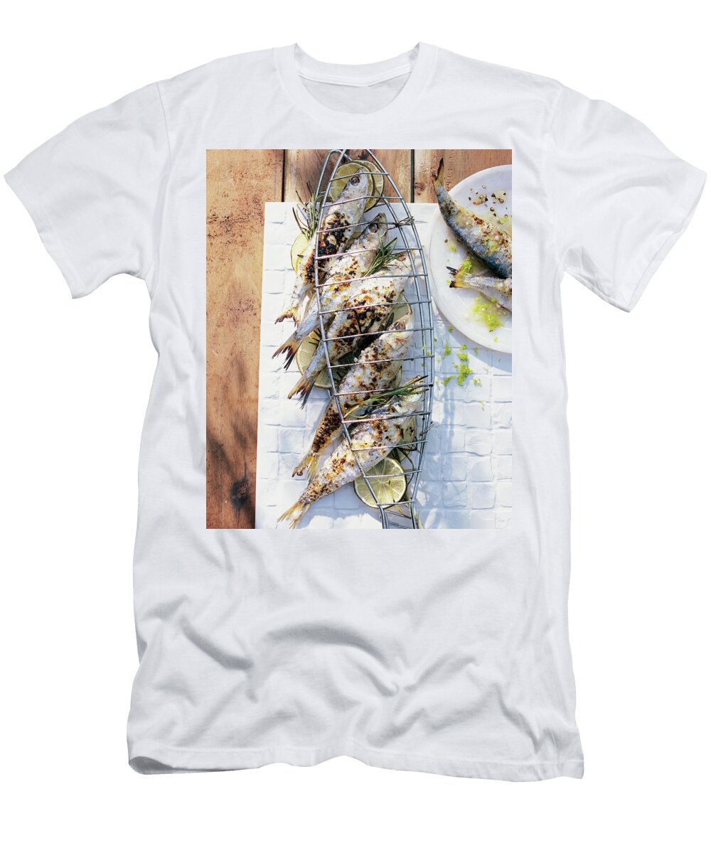 Grilled Sardines and Lime with Rosemary in a Grill Holder Jalag Jan C Brettschneider T-Shirt