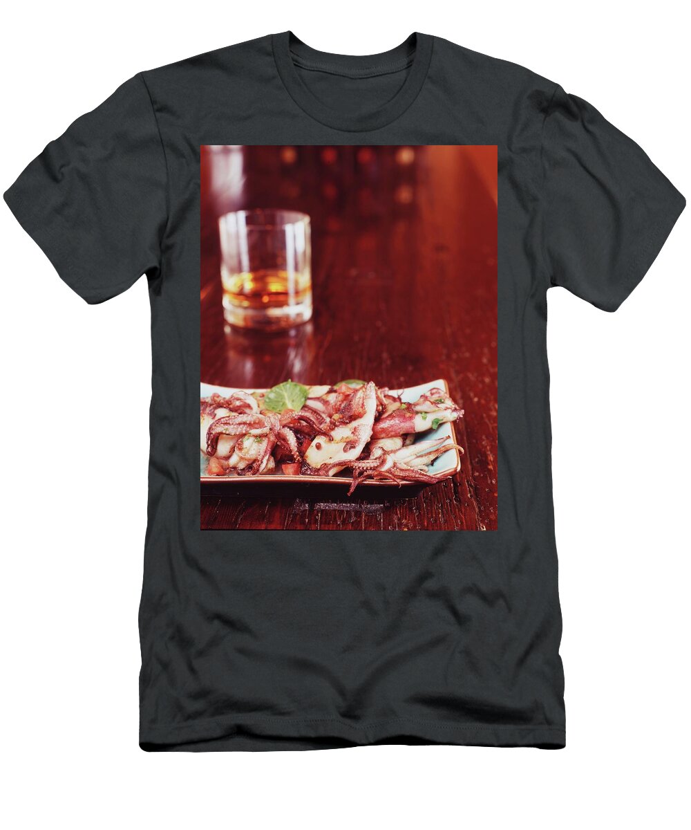 Grilled Squid and a Glass of Single Malt Scotch on a Wooden Bar Cedric Glasier Photography T-Shirt