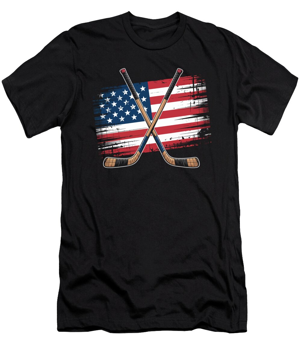Hockey Sticks Over Grunge American Flag Joanna Redesiuk T-Shirt
