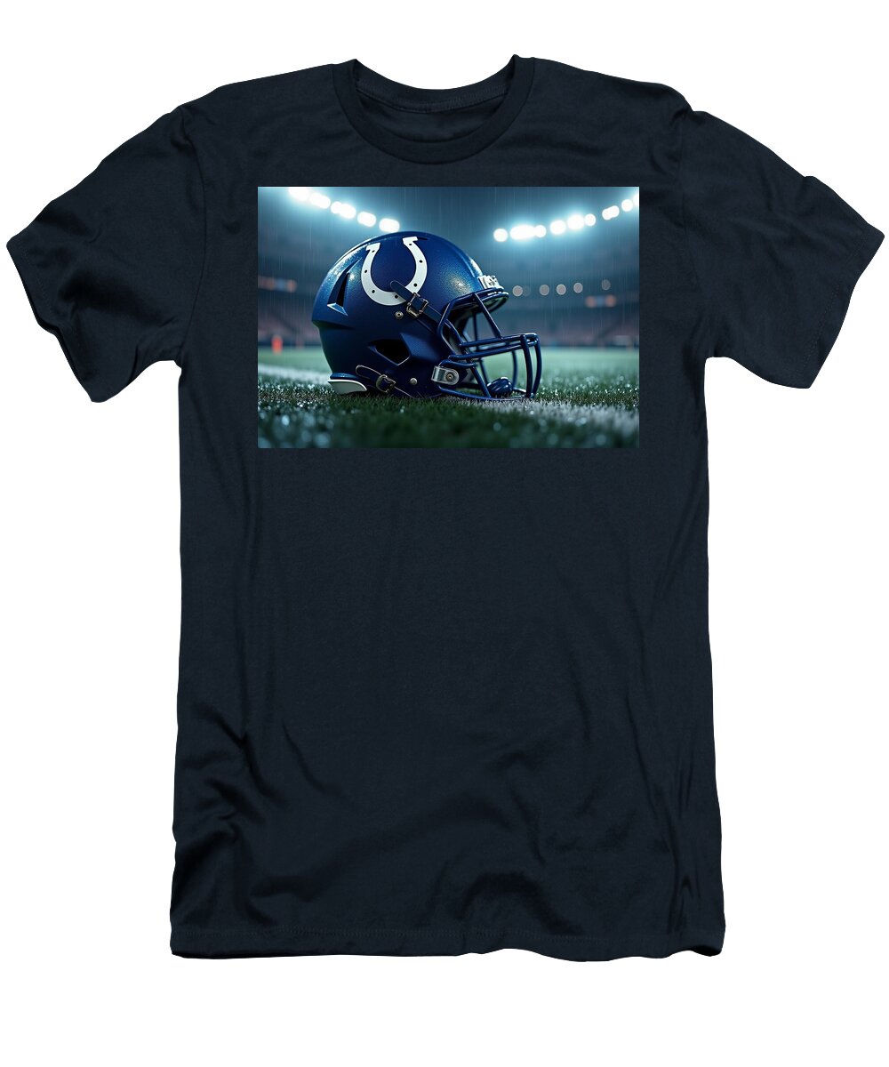 Indianapolis Colts Football Helmet on Rainy Field Kevin Walker and Pixel Reverie T-Shirt