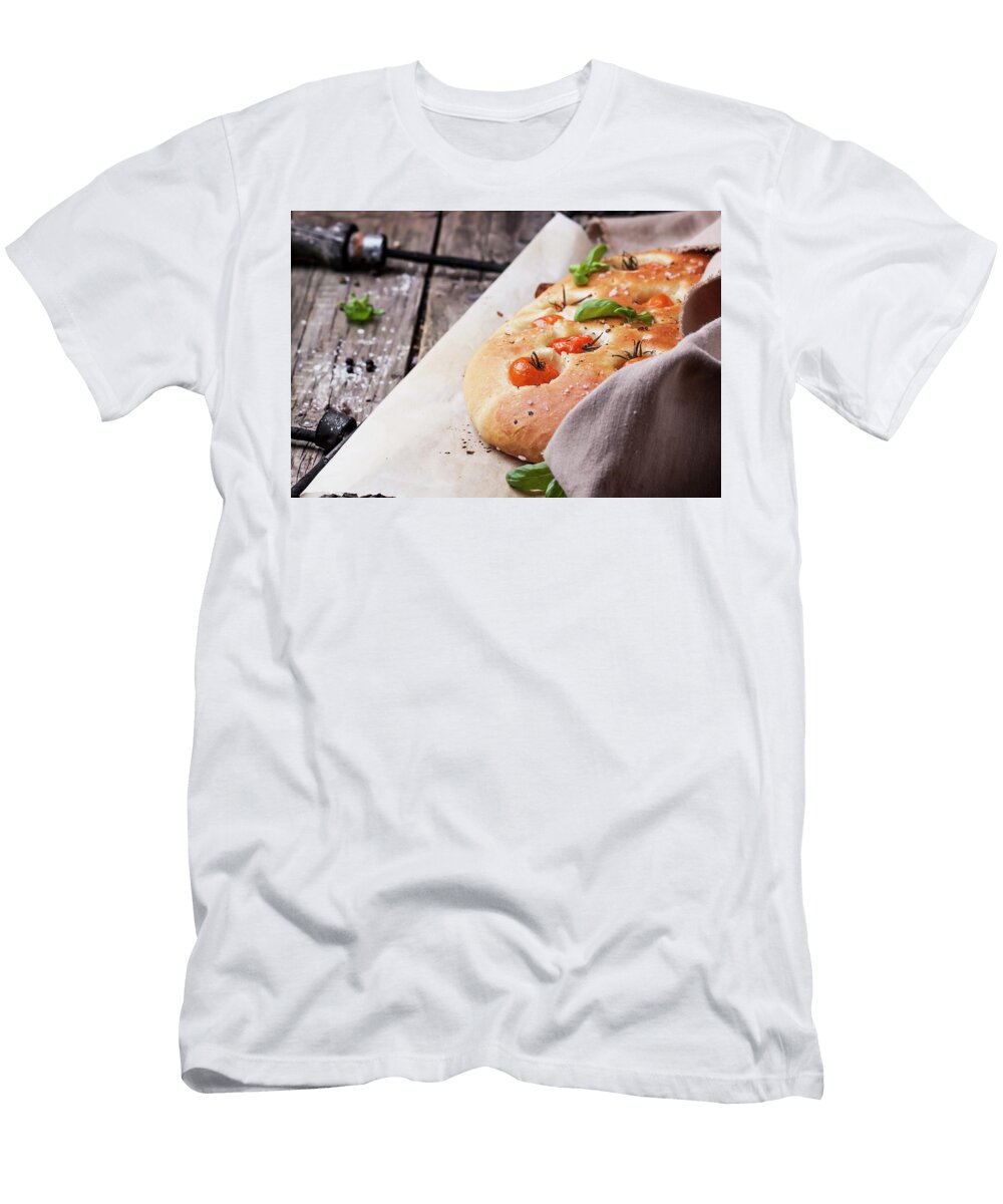 Italian Focaccia Bread with Tomatoes and Basil Natasha Breen T-Shirt