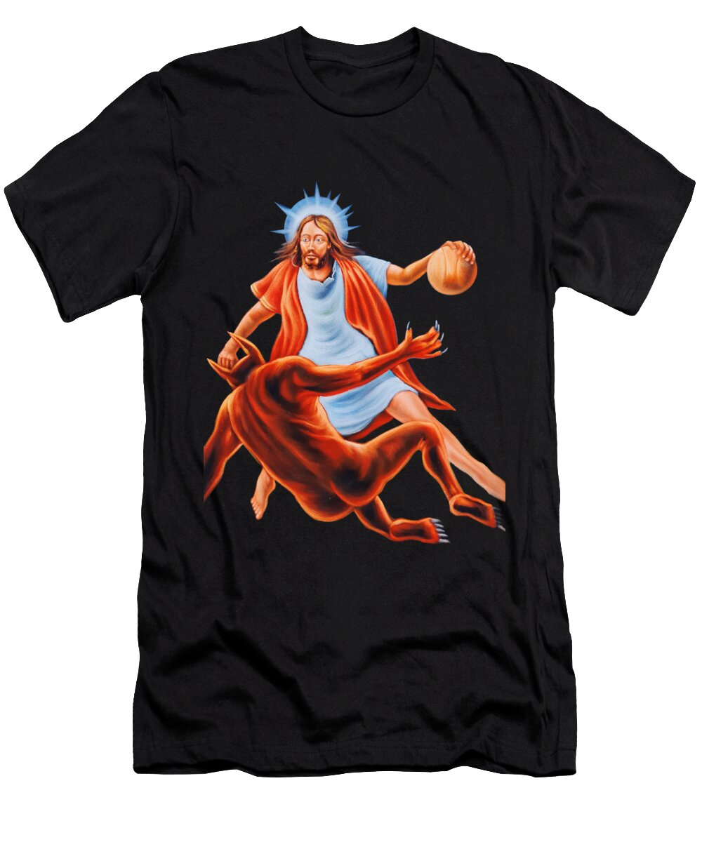 Jesus Playing One on One Basketball Against the Devil Jorge Terrones T-Shirt