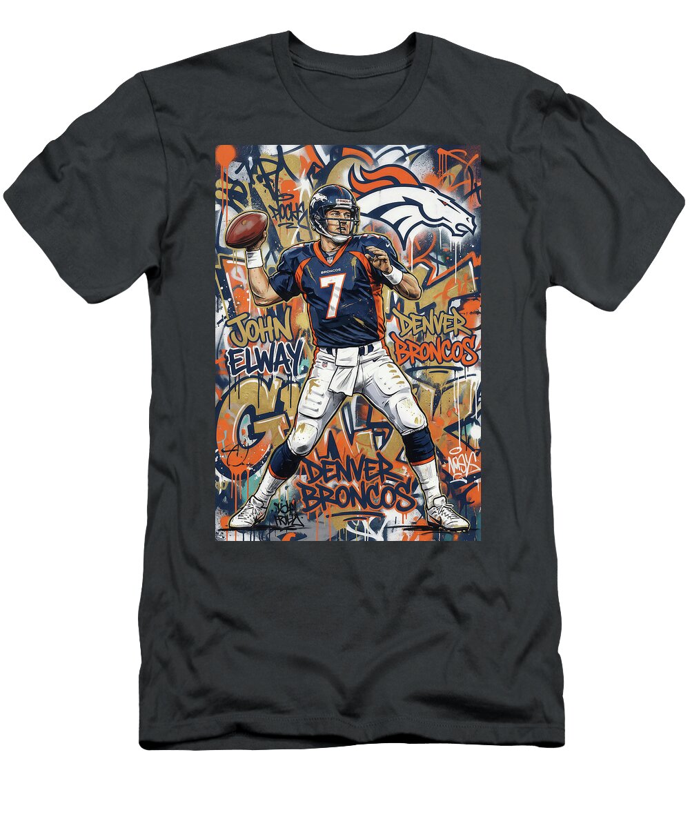 John Elway in Denver Broncos Attire Graffiti Poster Football Player NFL Sampadart Gallery T-Shirt