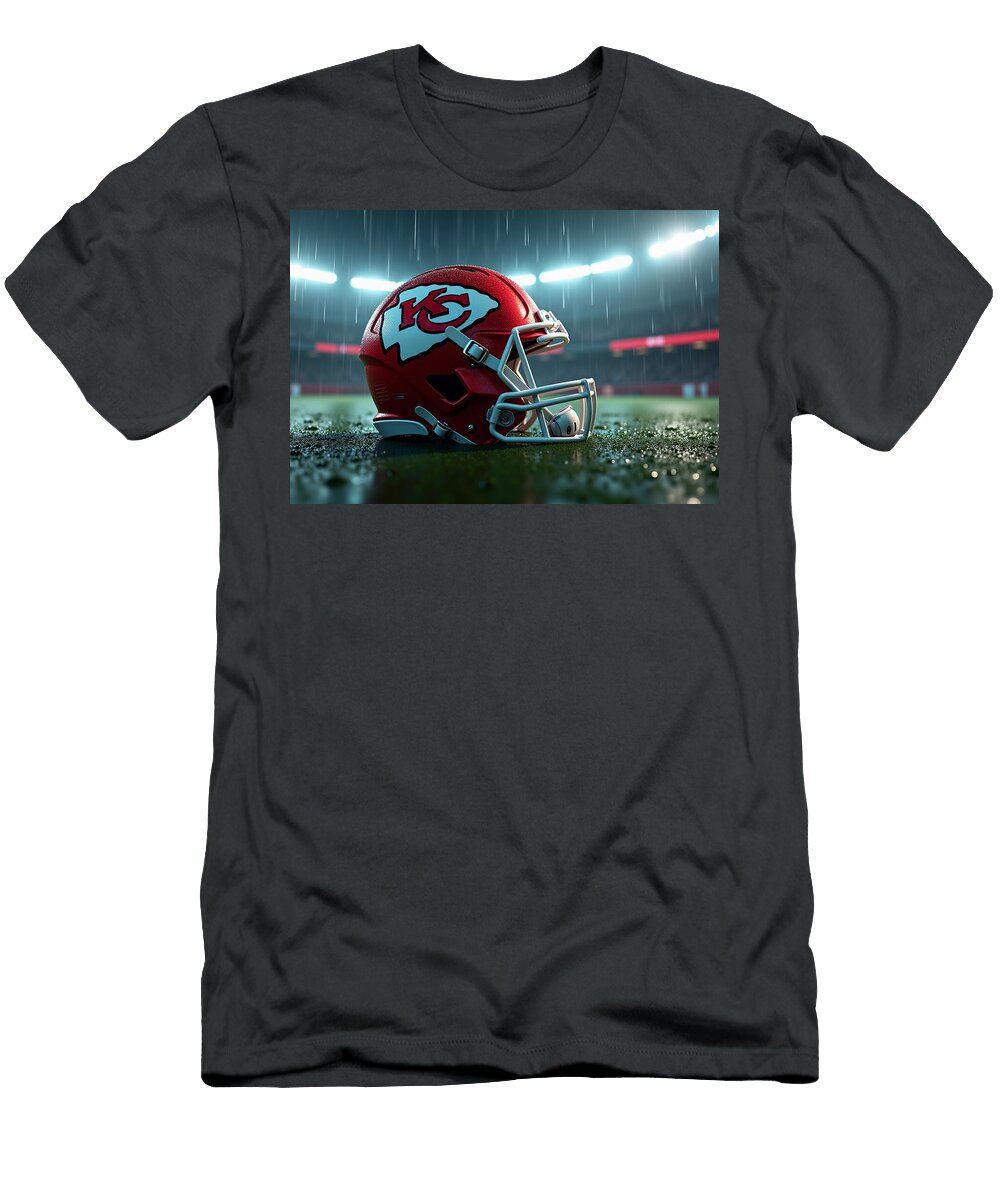 Kansas City Chiefs Football Helmet on Rainy Stadium Field Kevin Walker and Pixel Reverie T-Shirt