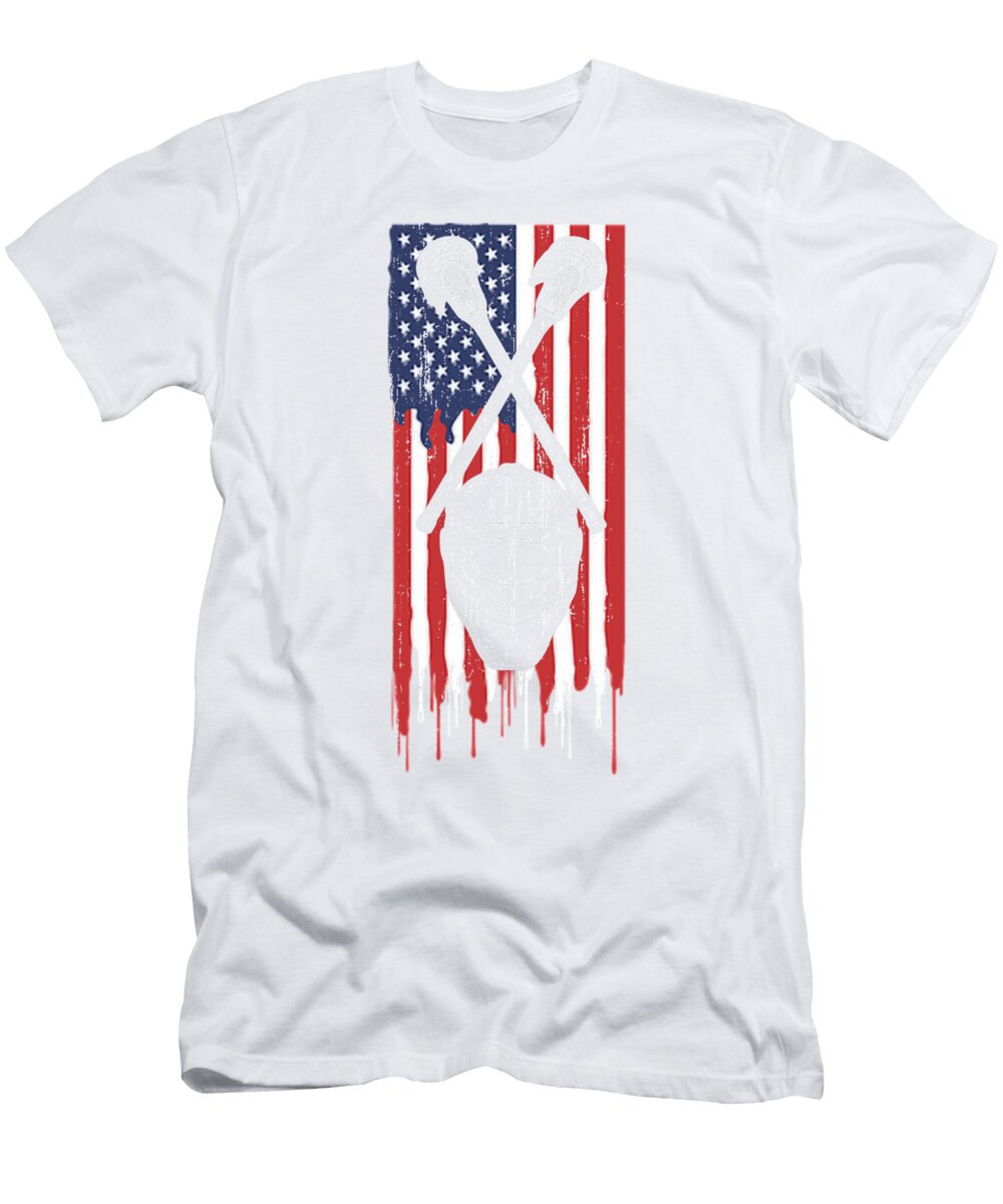 Lacrosse Fan Gift Lacrosse Sticks Lacrosse Helmet on American Flag Lacrosse Kanig Designs T-Shirt
